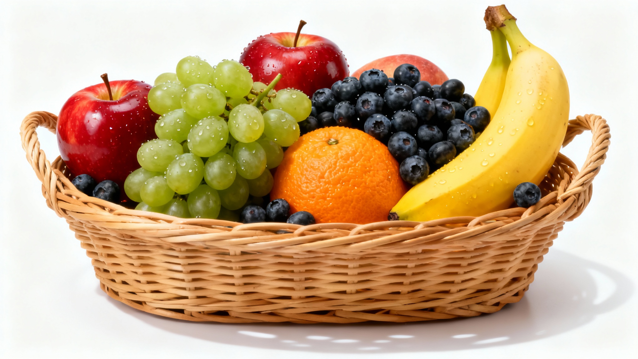 A photorealistic image of a woven wicker basket filled with fresh, colorful fruits including apples, grapes, a banana, and an orange, set against a clean white background.