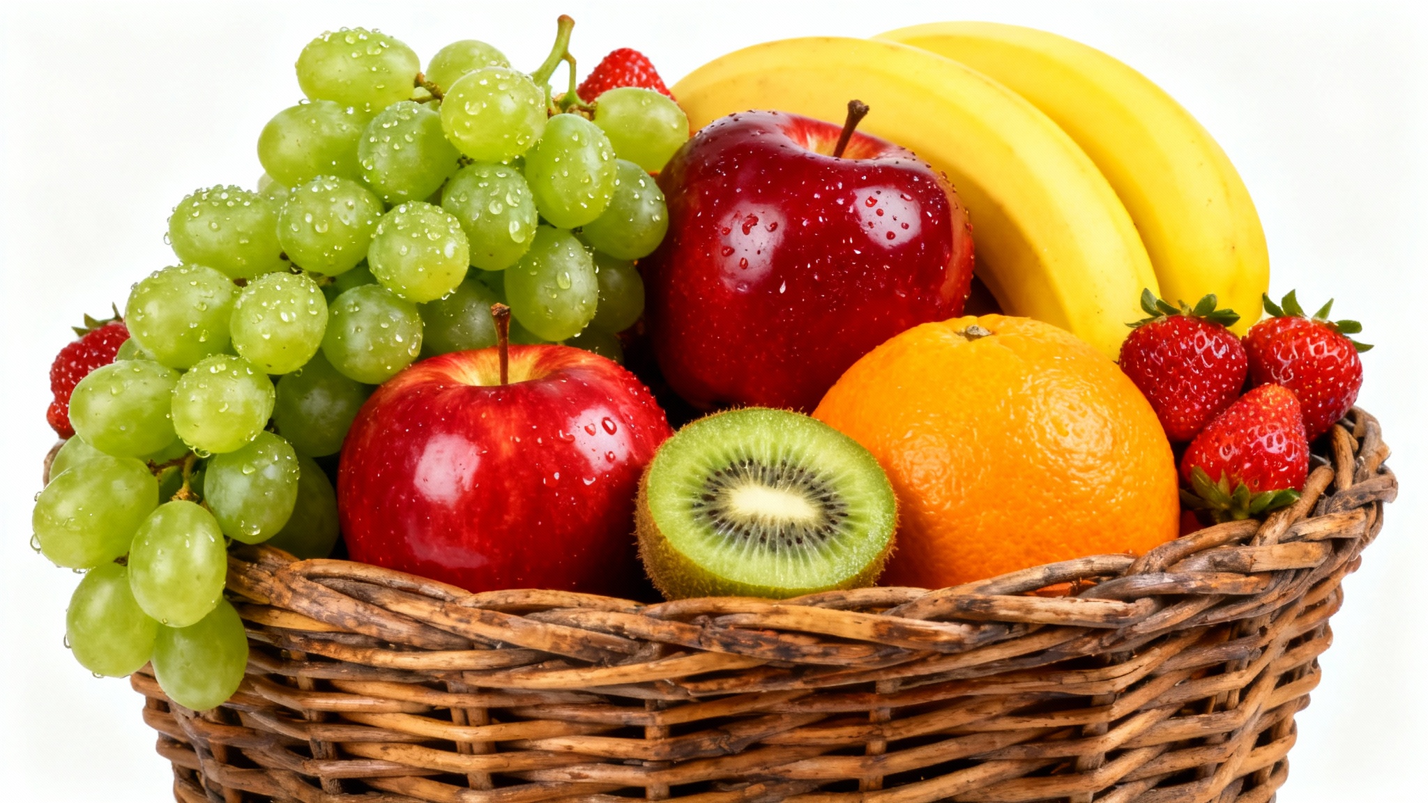 A photorealistic image of a wicker basket filled with a colorful assortment of fresh fruits, including apples, grapes, a banana, and a kiwi, set against a plain white background.