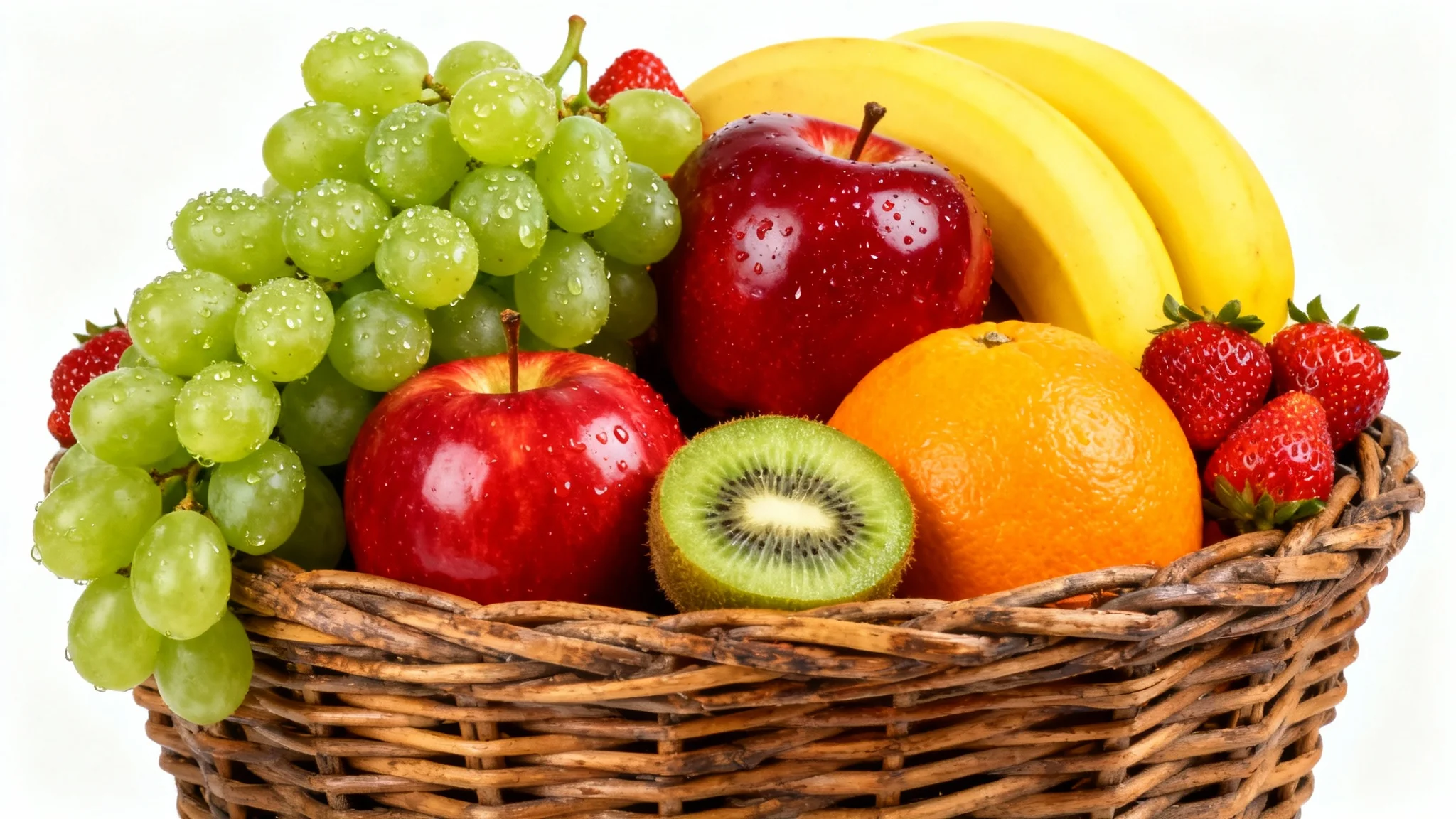 A photorealistic image of a wicker basket filled with a colorful assortment of fresh fruits, including apples, grapes, a banana, and a kiwi, set against a plain white background.