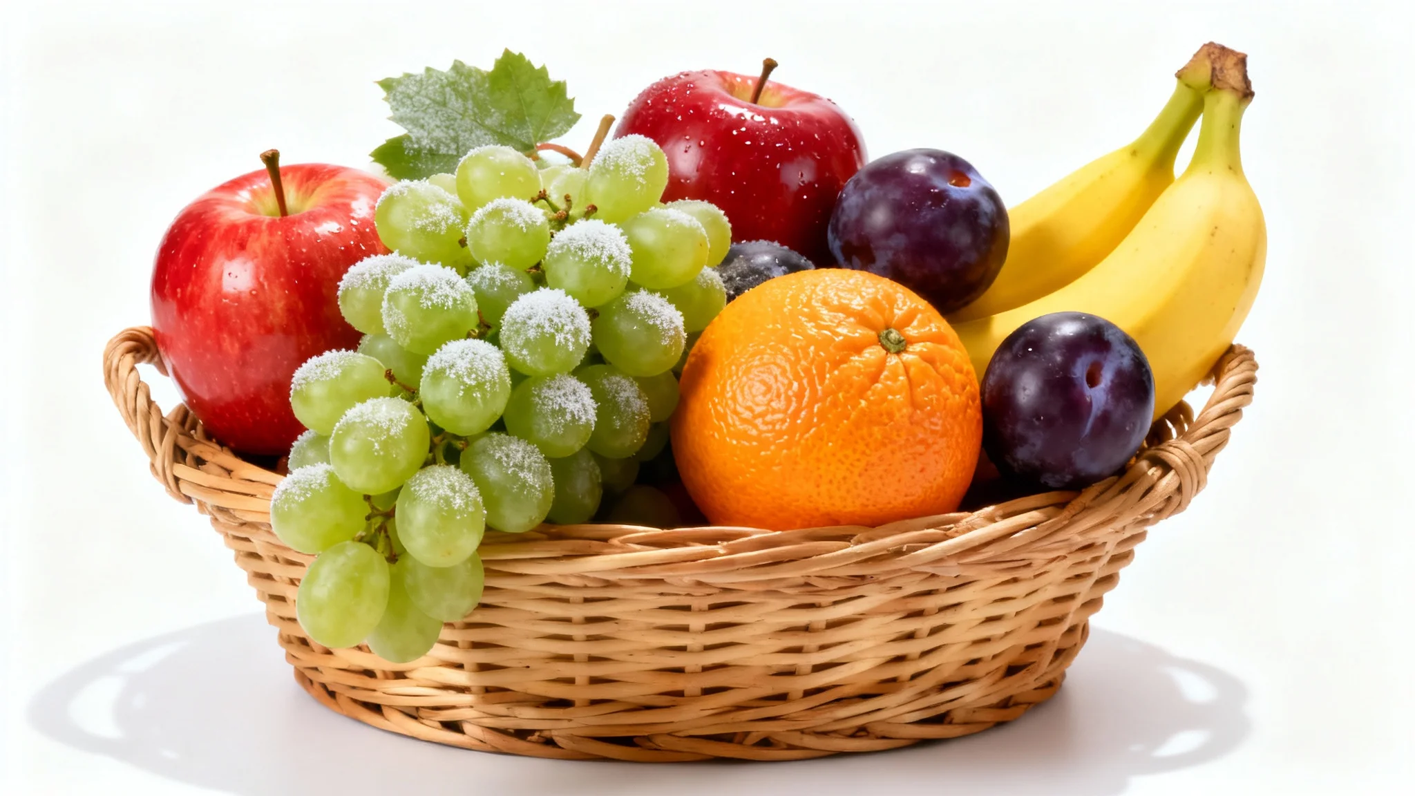 A photorealistic image of a wicker basket filled with a variety of fresh fruits like apples, grapes, a banana, and an orange, set against a plain white background.