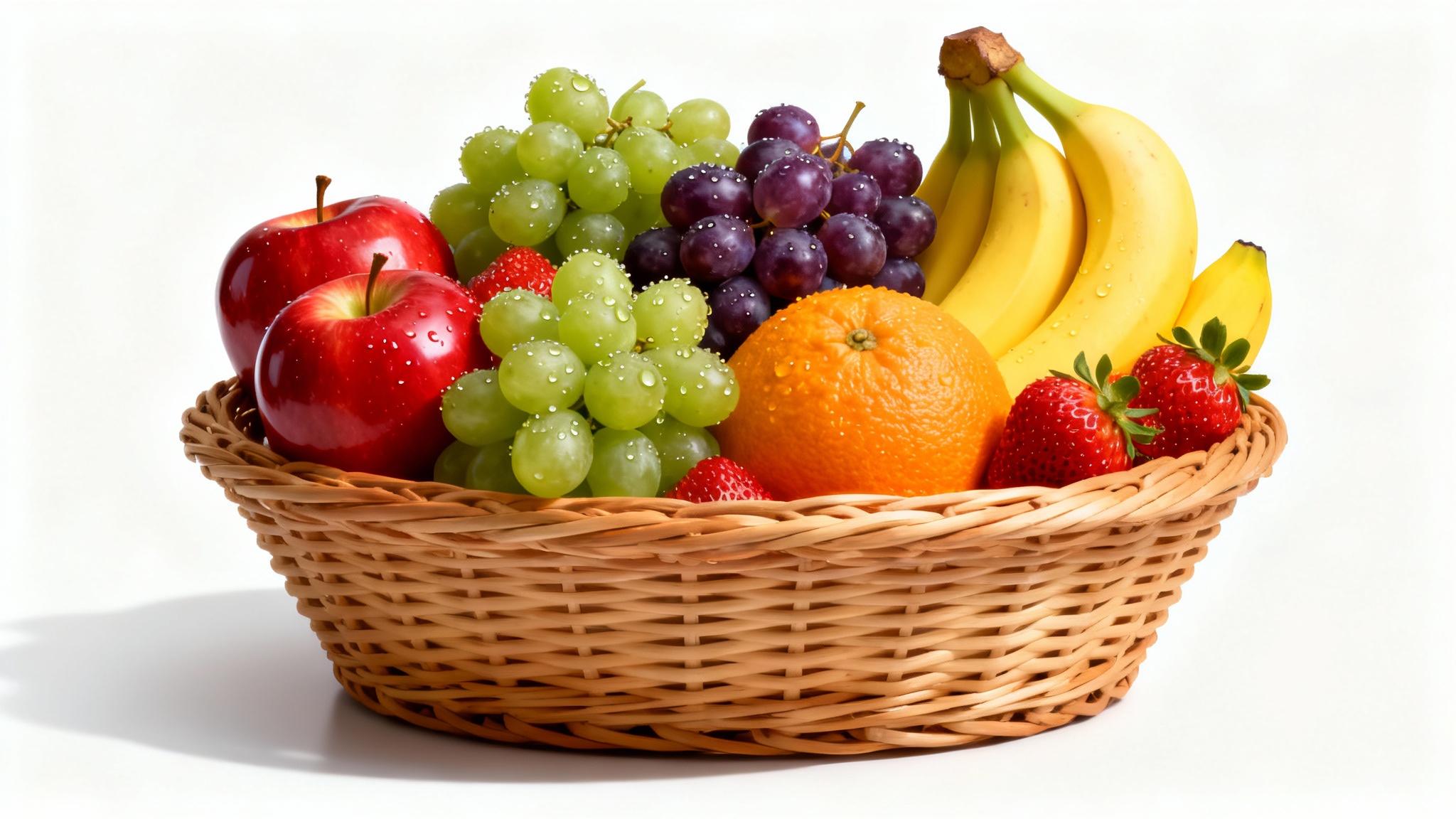 A photo-realistic wicker basket filled with an assortment of fresh, colorful fruit including apples, grapes, bananas, and strawberries, shown against a plain white background.