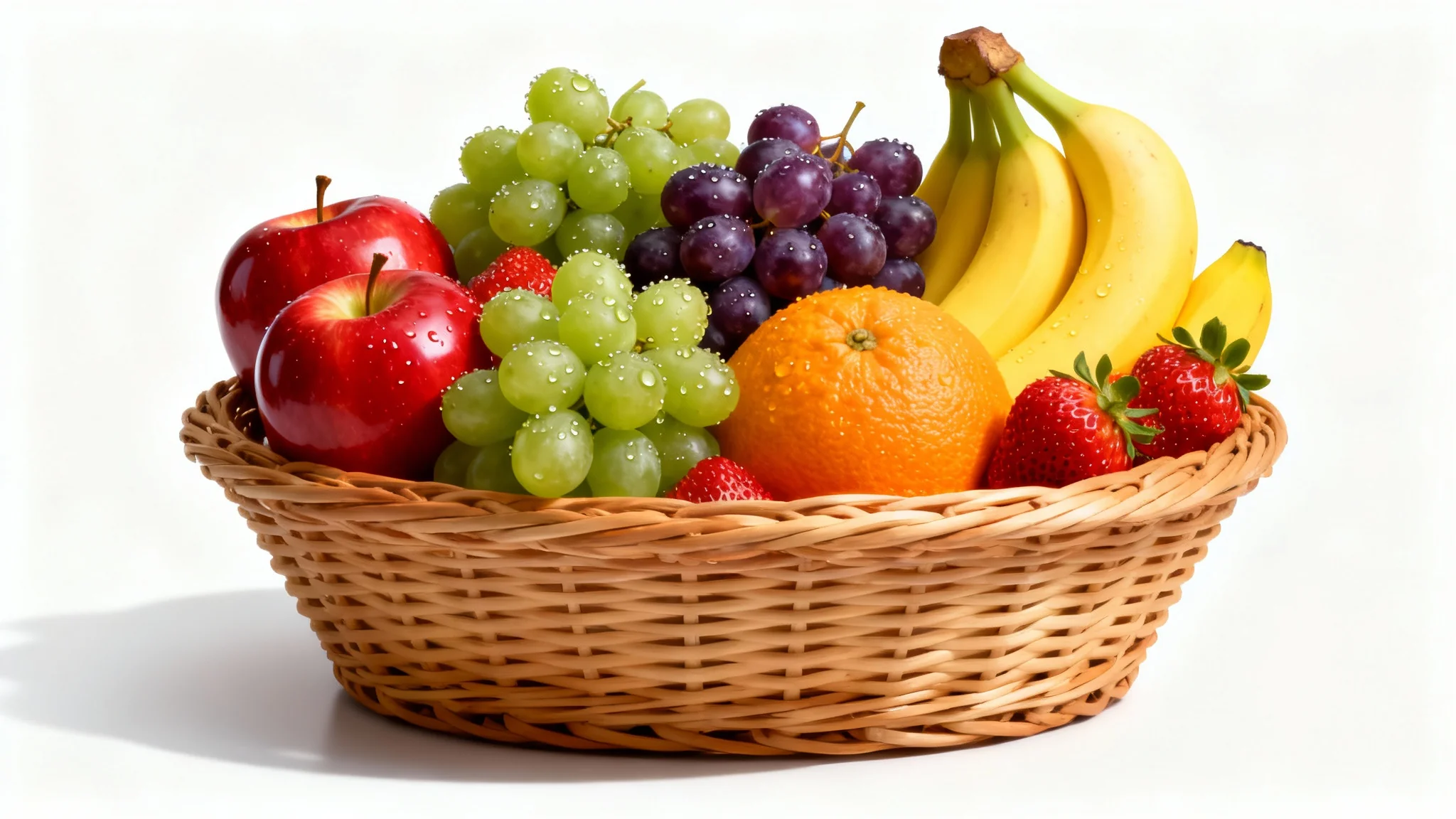 A photo-realistic wicker basket filled with an assortment of fresh, colorful fruit including apples, grapes, bananas, and strawberries, shown against a plain white background.
