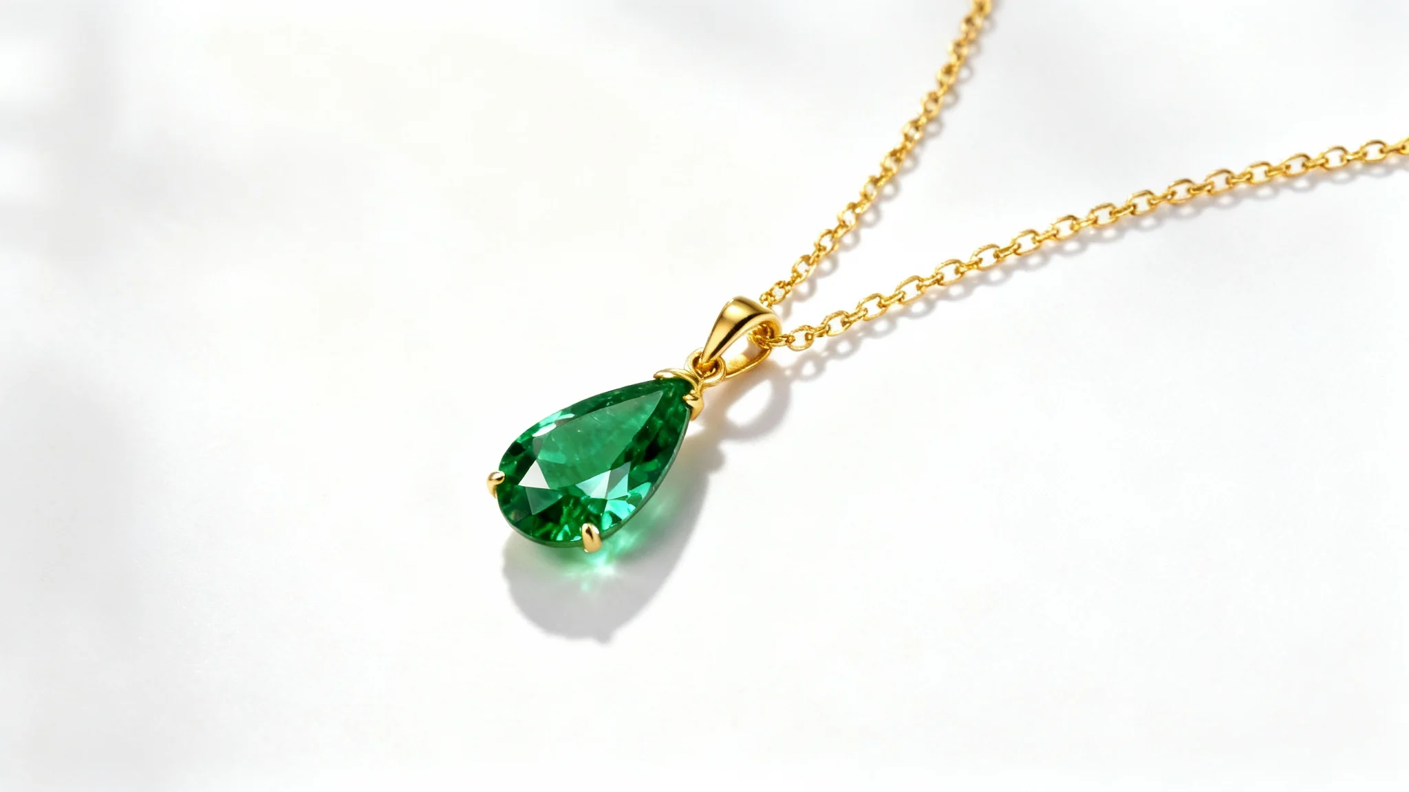A professional studio shot of a delicate gold necklace with a single teardrop-shaped emerald pendant, lying on a clean white background.
