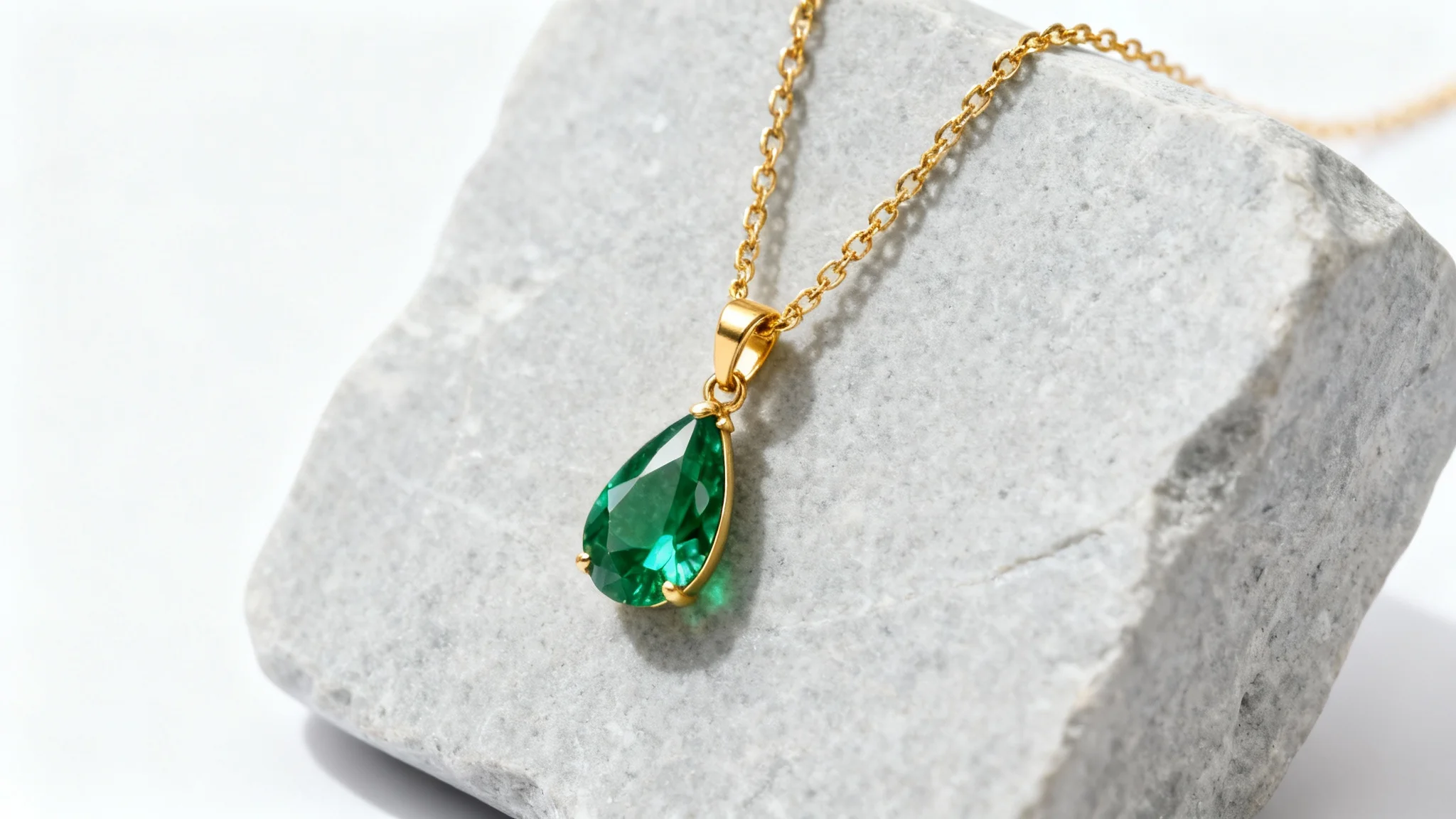 A professional studio photograph of a delicate gold necklace with a sparkling emerald and diamond pendant, elegantly displayed on a stone surface against a clean white background.