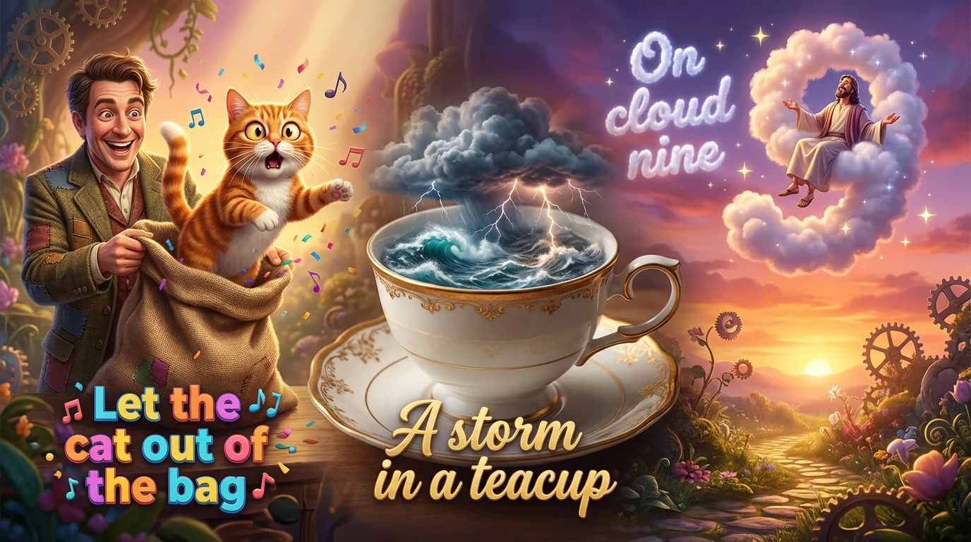 A whimsical digital collage illustrating idioms: a tiny storm rages in a teacup, a person lets a cat out of a bag, and another person sits on a cloud in the sky, with each idiom written in a stylish font.