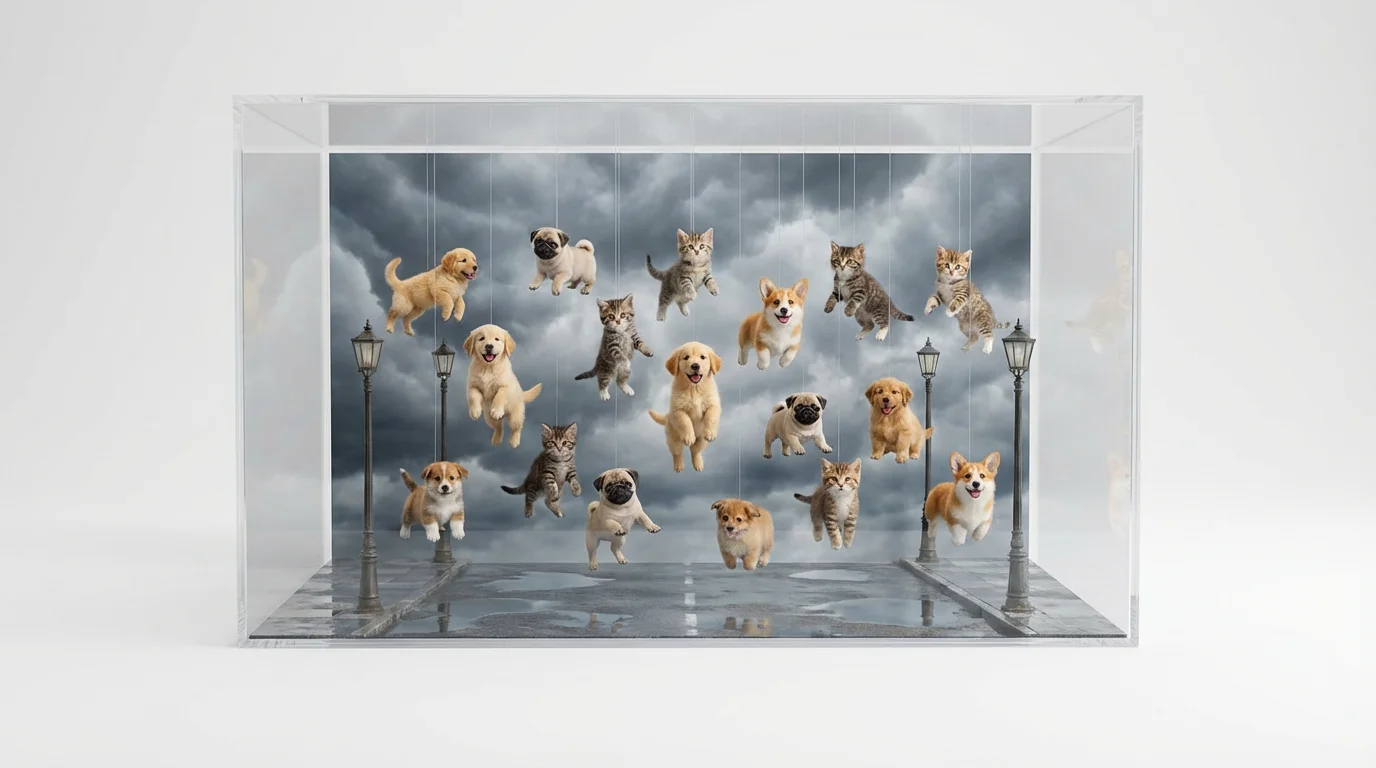 A surreal and whimsical image illustrating the idiom 'raining cats and dogs', showing various breeds of cats and dogs gently falling from an overcast sky onto a wet city street.