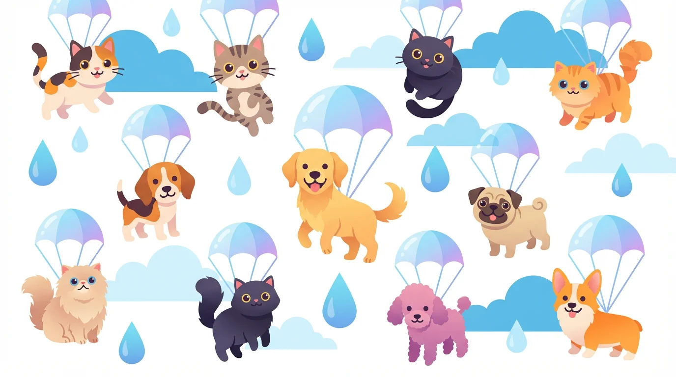 A vibrant digital illustration showing cute cartoon cats and dogs falling like rain against a plain white background, visually representing the idiom 'raining cats and dogs'.