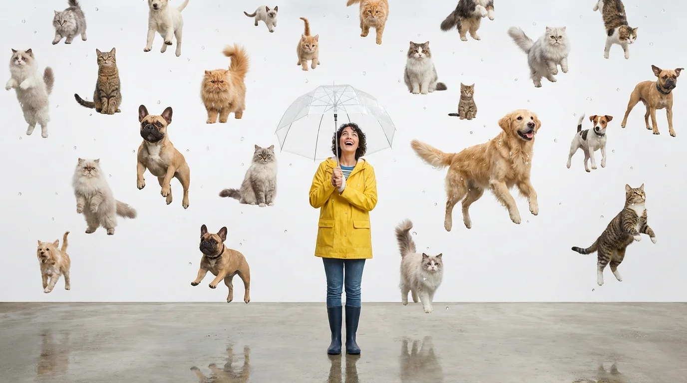 A literal illustration of the idiom 'raining cats and dogs,' showing cats and dogs gently falling from the sky while a person with an umbrella looks up in amusement, all against a clean white background.