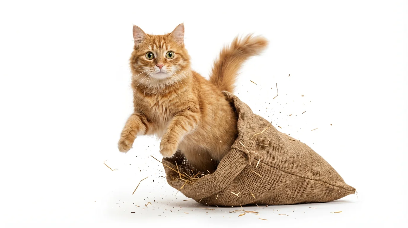 A photorealistic image illustrating the idiom 'let the cat out of the bag,' showing a ginger cat jumping out of a burlap sack against a white background.