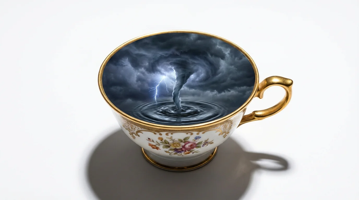 A surreal and hyper-realistic image depicting the idiom 'a storm in a teacup.' A vintage white porcelain teacup with gold trim contains a miniature, dark thunderstorm with a flash of lightning, set against a plain white background.