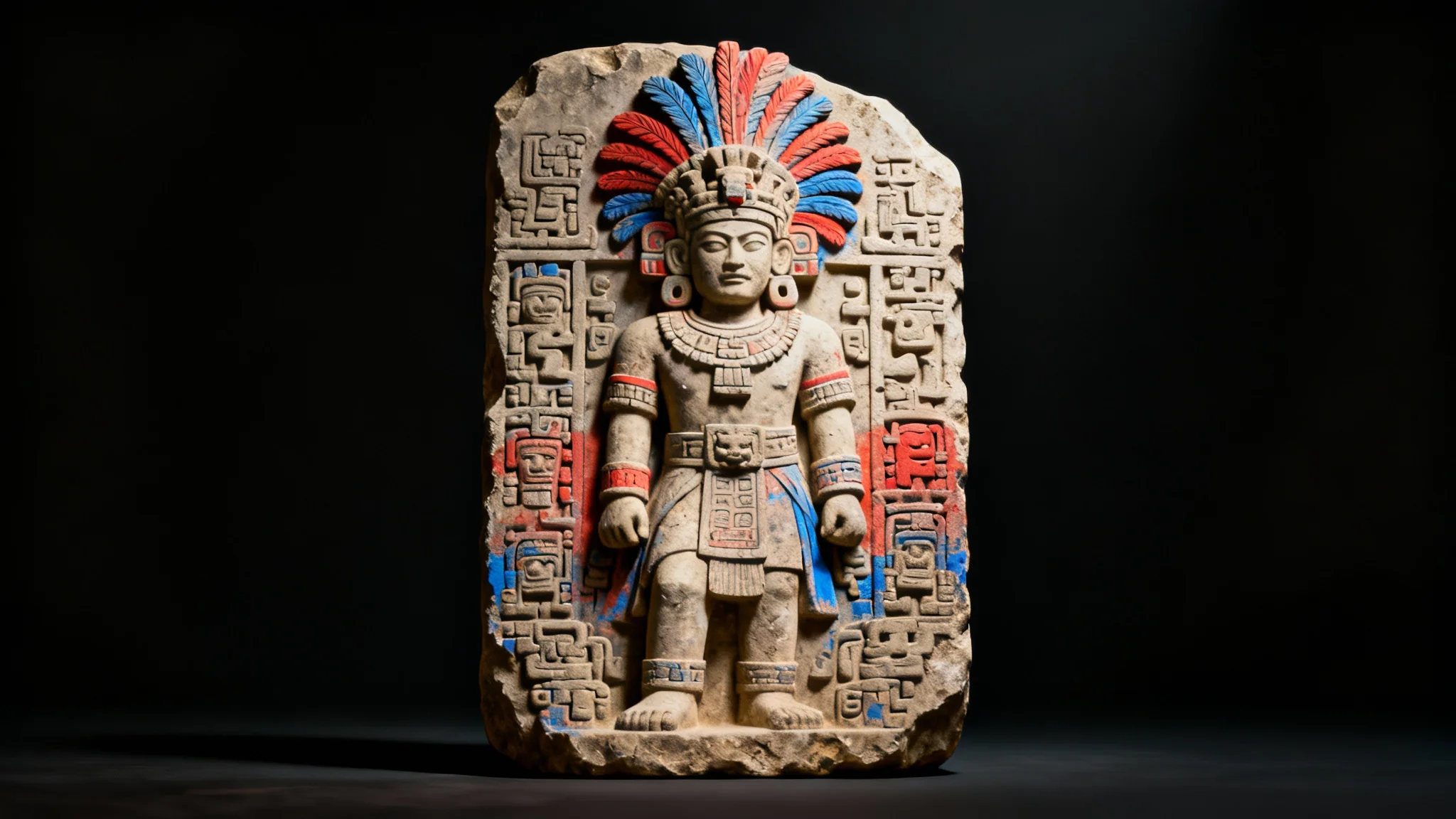 A highly detailed digital artwork of a Mayan stone carving, showing a powerful ruler surrounded by intricate glyphs, presented as a final hero image.