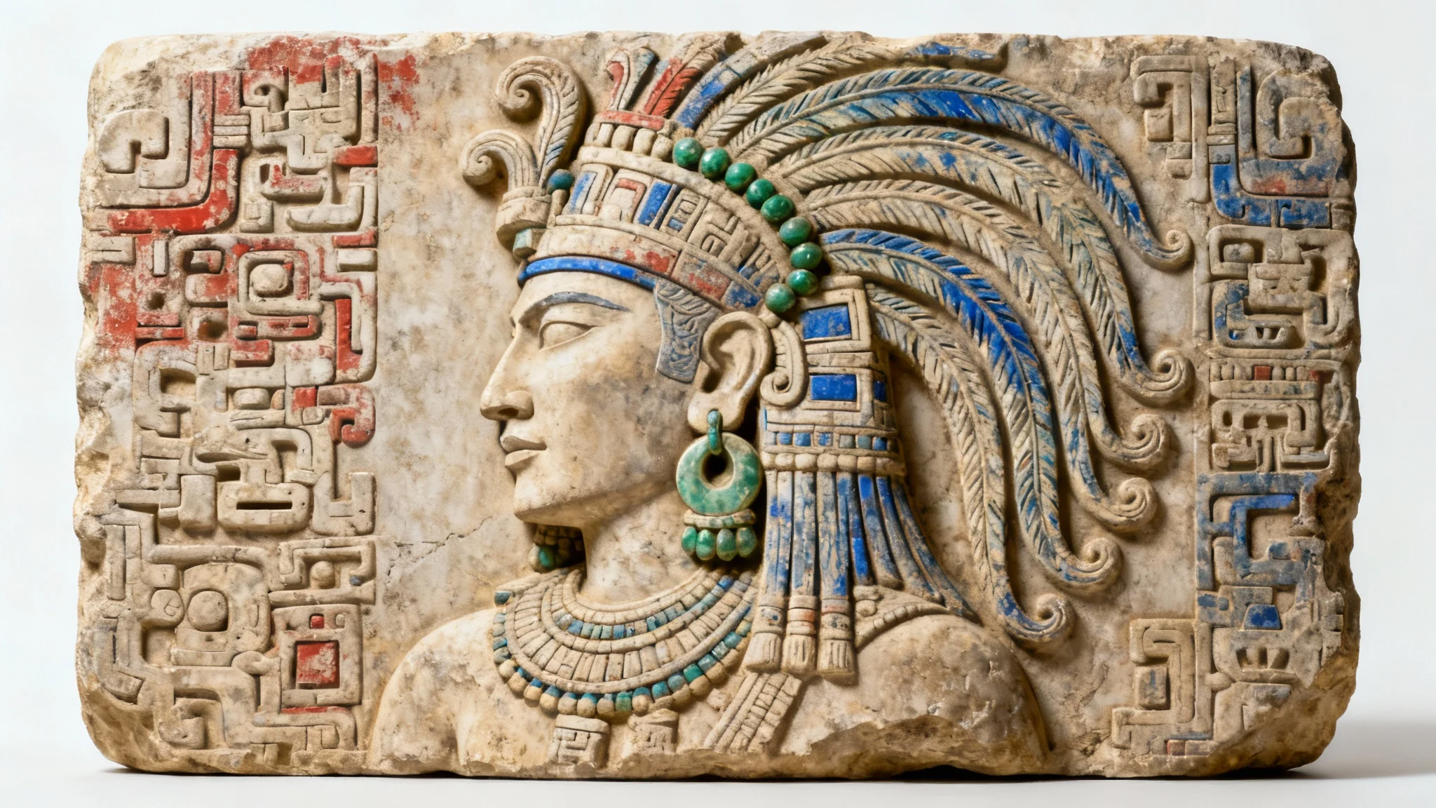 An intricately carved Mayan stone artifact depicting a ruler in a feathered headdress, showcased against a plain white background.
