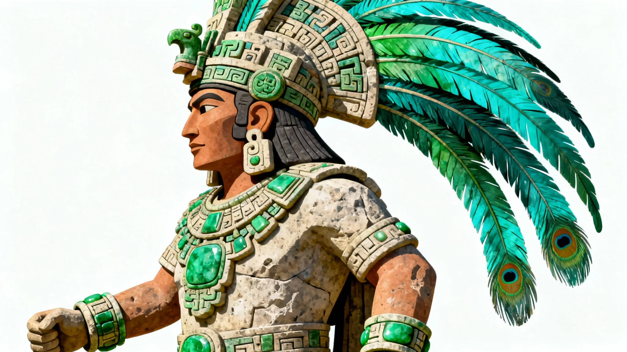 A digital illustration of a Mayan art piece depicting a god-king with a large, ornate feather headdress, presented in a stone carving style on a white background.