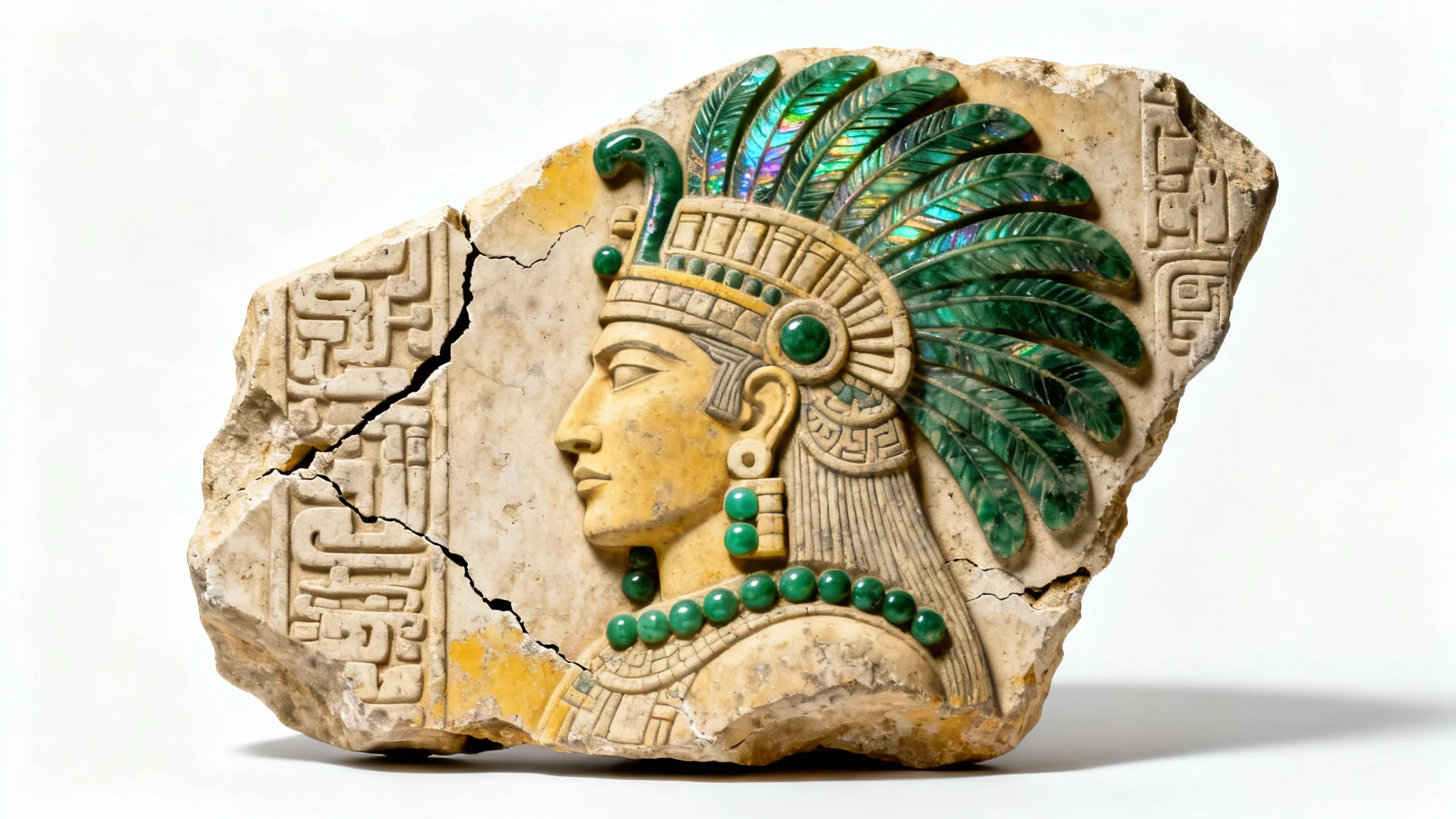 A close-up, studio photograph of an ancient Mayan carved stone artifact featuring a figure with a large feathered headdress, isolated against a clean white background.