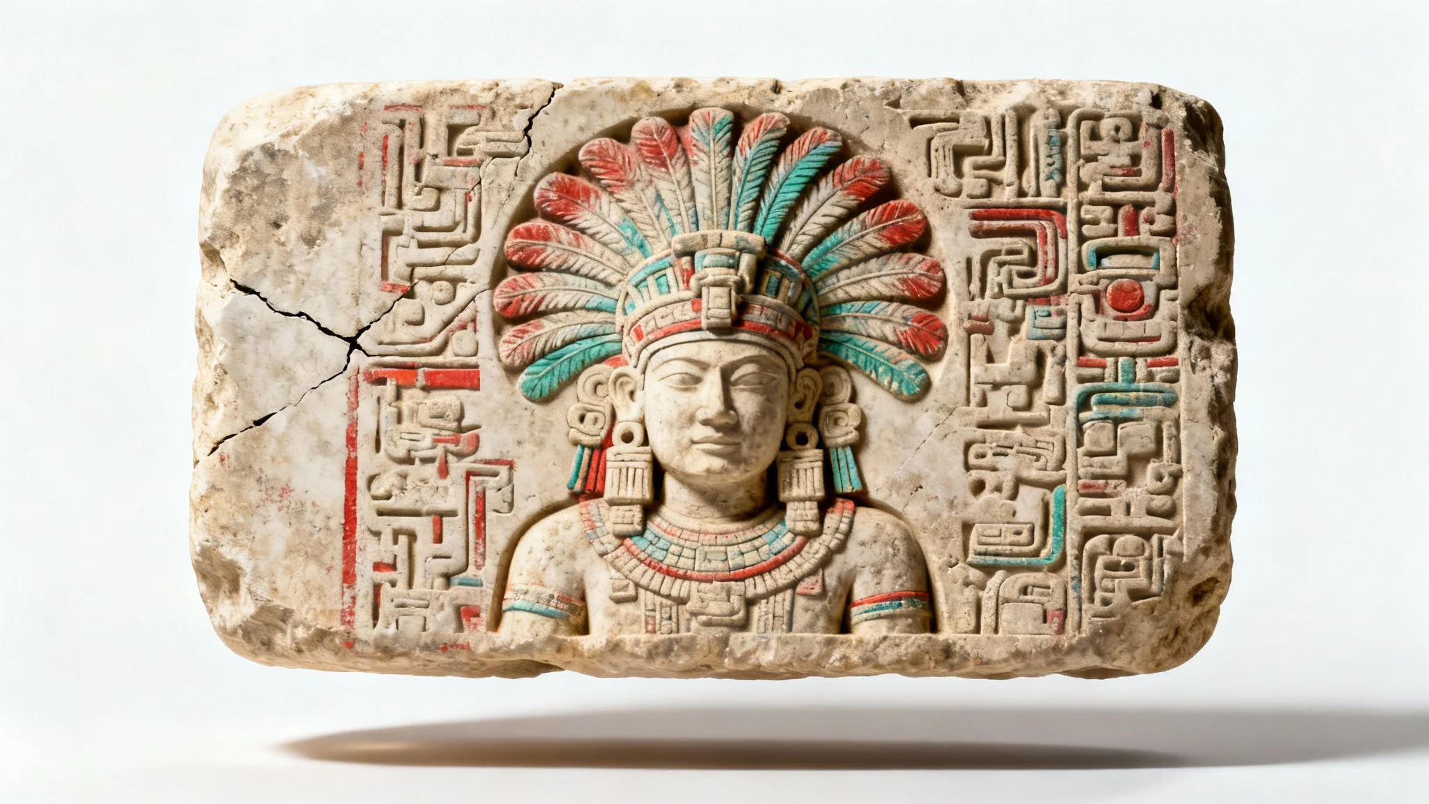 A photorealistic mockup of a rectangular Mayan stone stele, featuring intricate carvings of a ruler and hieroglyphs, presented against a plain white background.