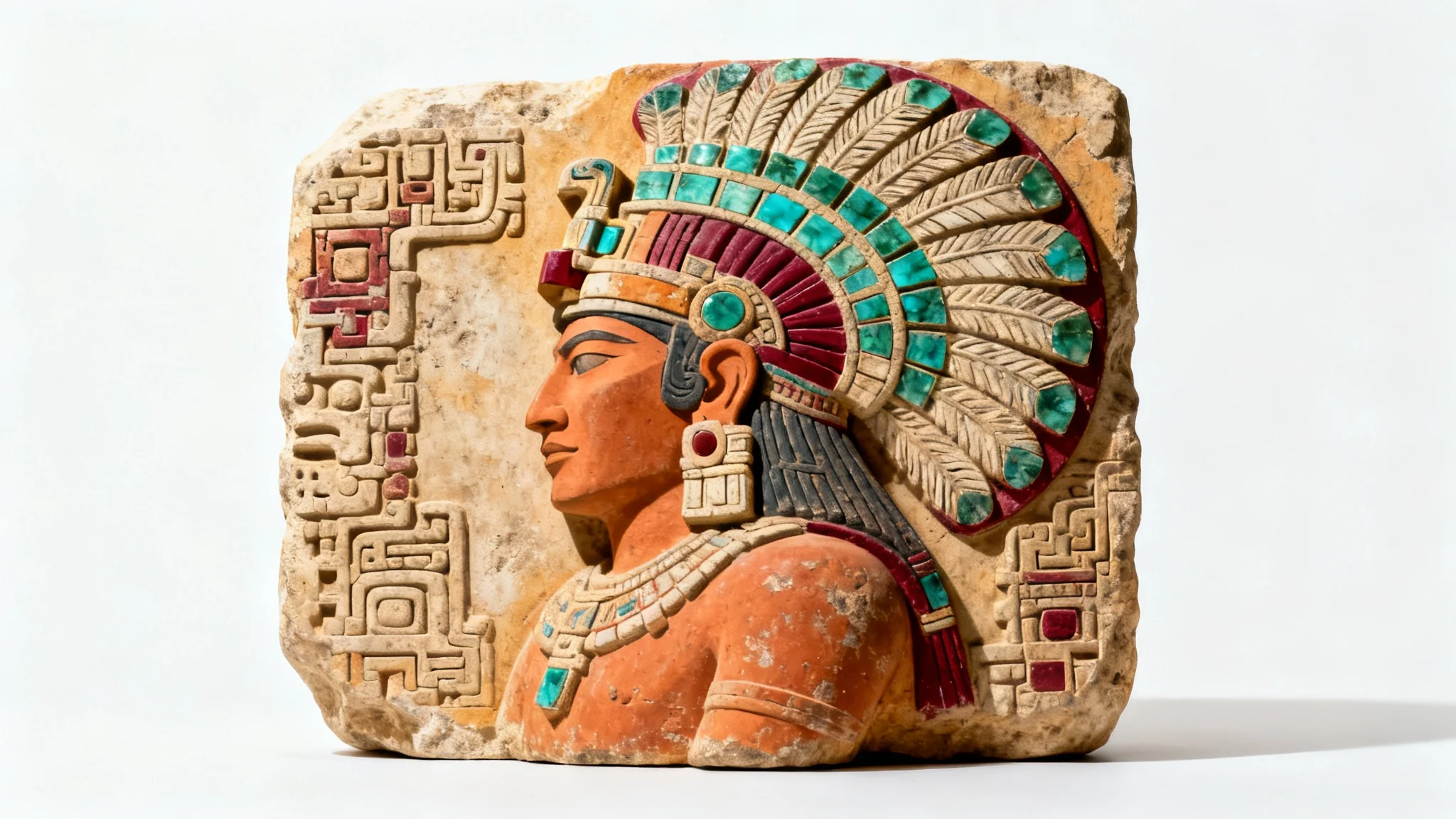A detailed and colorful Mayan stone carving of a ruler with an elaborate headdress, showcased against a clean white background in a museum-style photo.