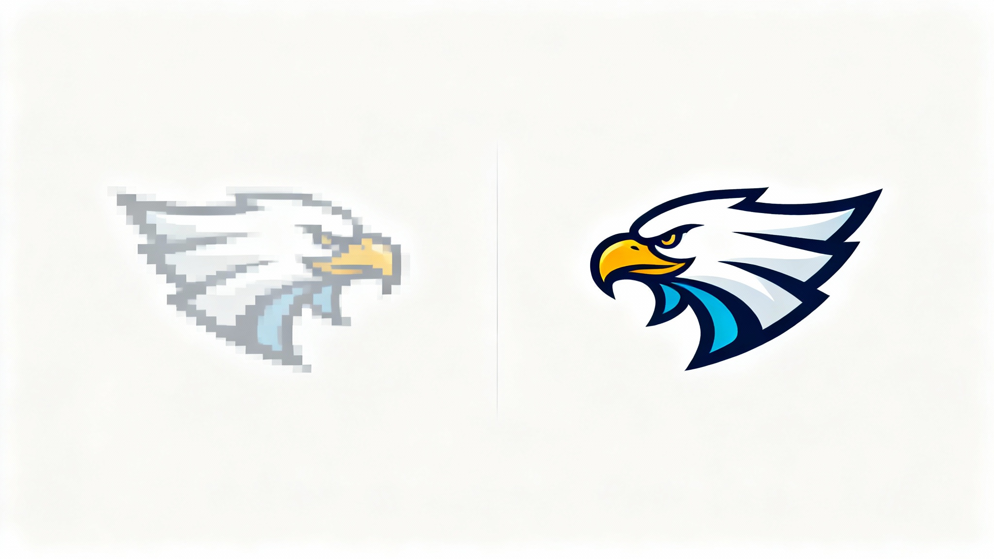 A before-and-after image showing a logo being redrawn. The left side shows a blurry, pixelated eagle logo, while the right side shows the same logo as a crisp, high-quality vector graphic.