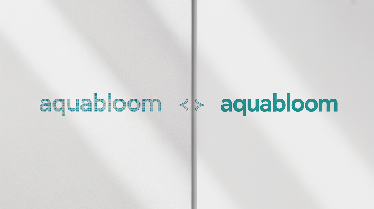 A before-and-after comparison of a logo redesign. The 'before' logo is on the left, looking pixelated and dated. The 'after' logo is on the right, appearing sharp, modern, and professional, demonstrating a logo redrawing service.