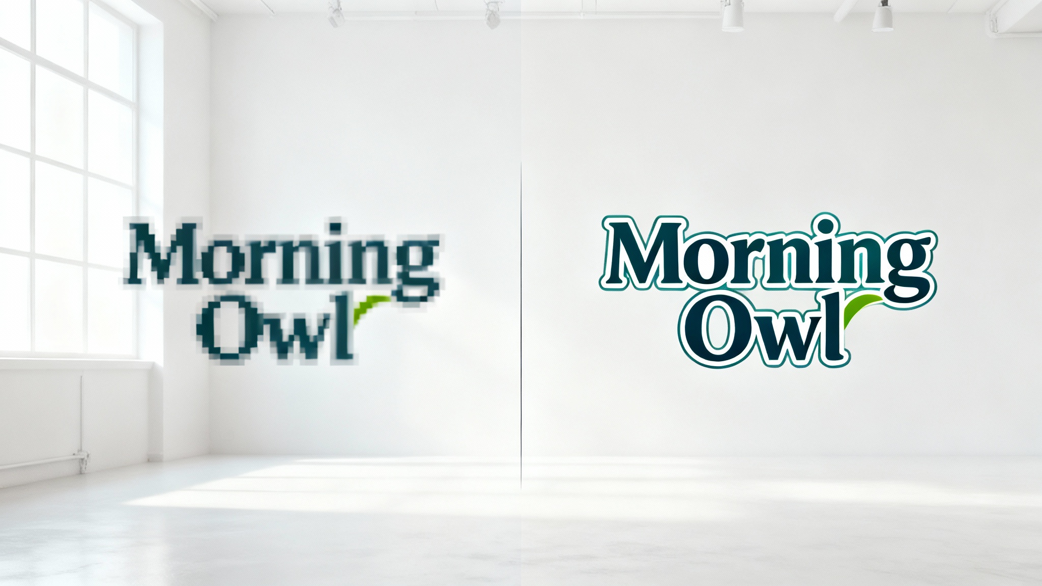 A before-and-after image demonstrating a logo redraw service, with a blurry, pixelated logo on one side and the same logo looking sharp and professional on the other.