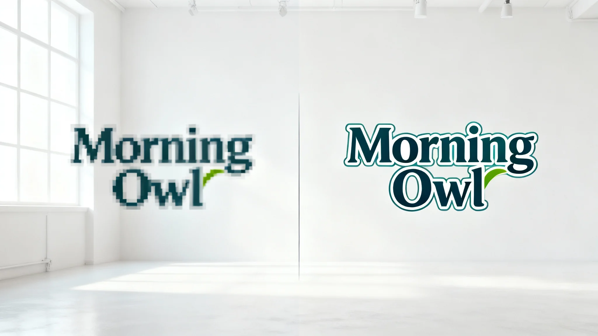 A before-and-after image demonstrating a logo redraw service, with a blurry, pixelated logo on one side and the same logo looking sharp and professional on the other.