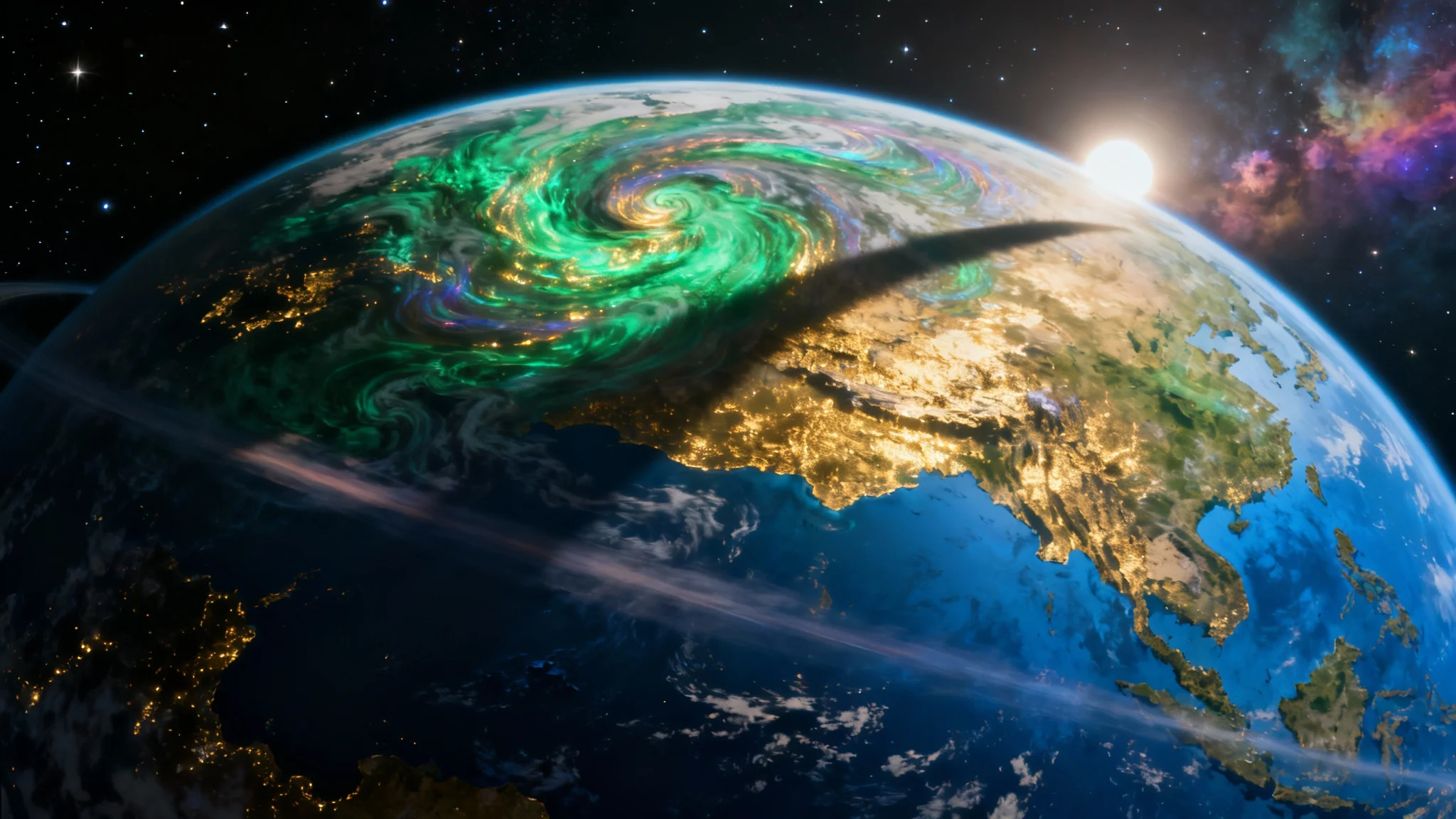 A stunning, artistically rendered image of a fictional planet in deep space, featuring glowing continents, swirling clouds, and a vibrant nebula in the background, representing a finished design.