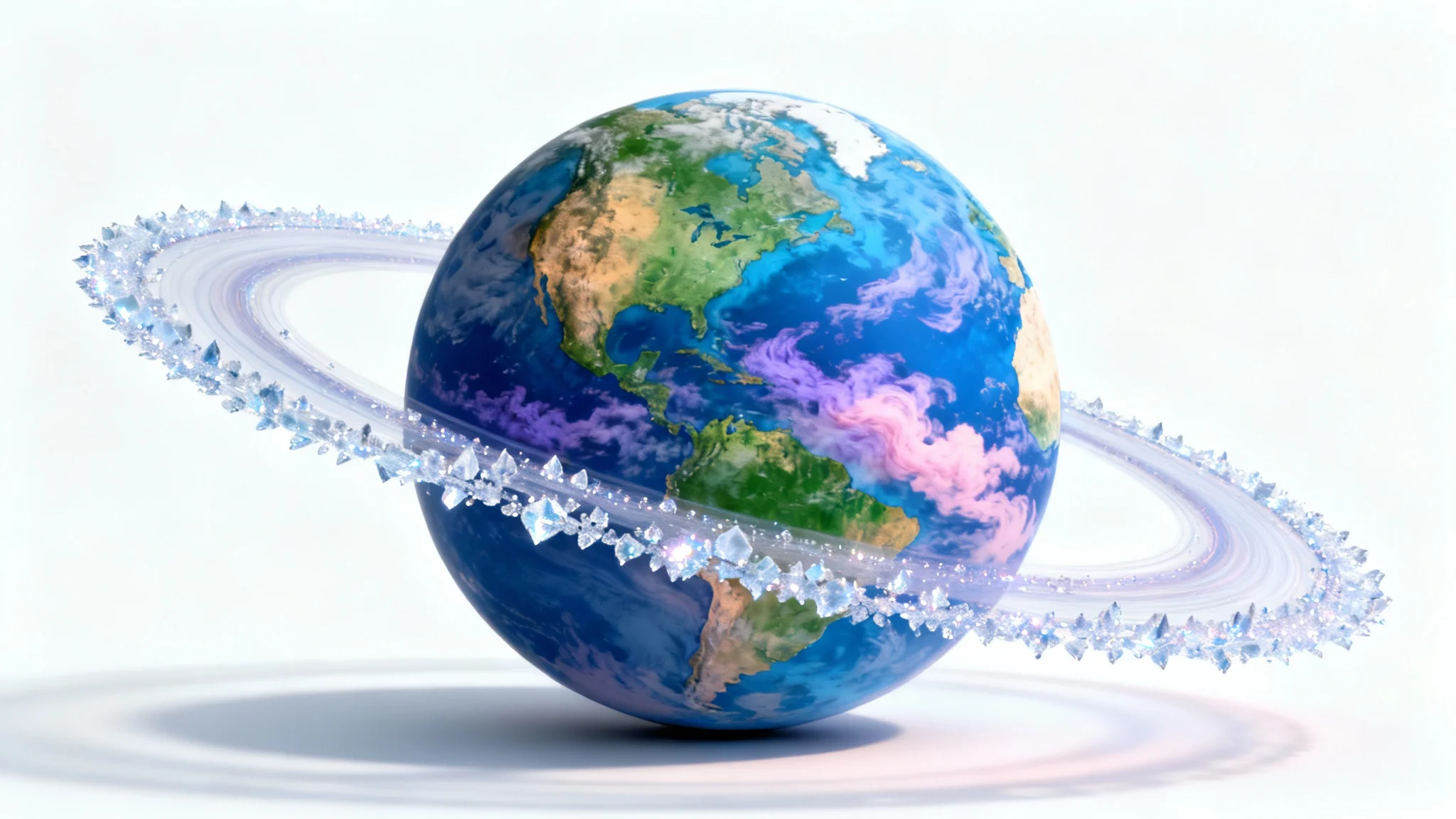 A photorealistic digital rendering of a vibrant, multi-colored planet with a faint ring system, presented in a minimalist style against a stark white background.