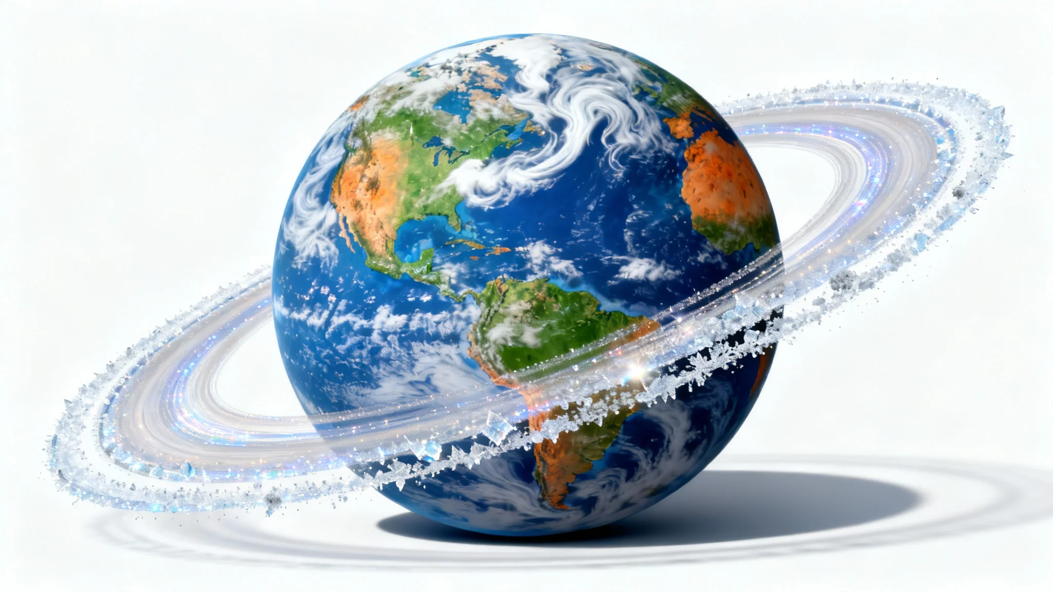 A hyper-realistic mockup of a vibrant, colorful exoplanet with a detailed ring system, presented centrally against a clean white background.