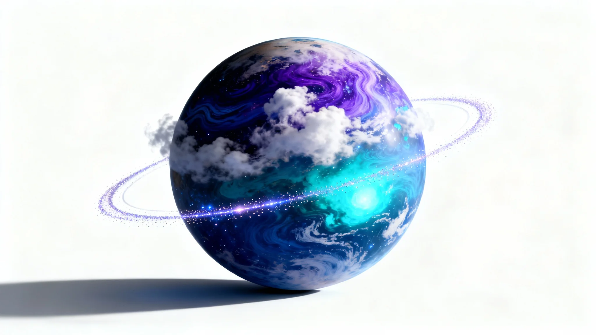 A photorealistic image of a single, stunning exoplanet with swirling blue and purple colors and a faint ring system, presented as a mockup on a plain white background.