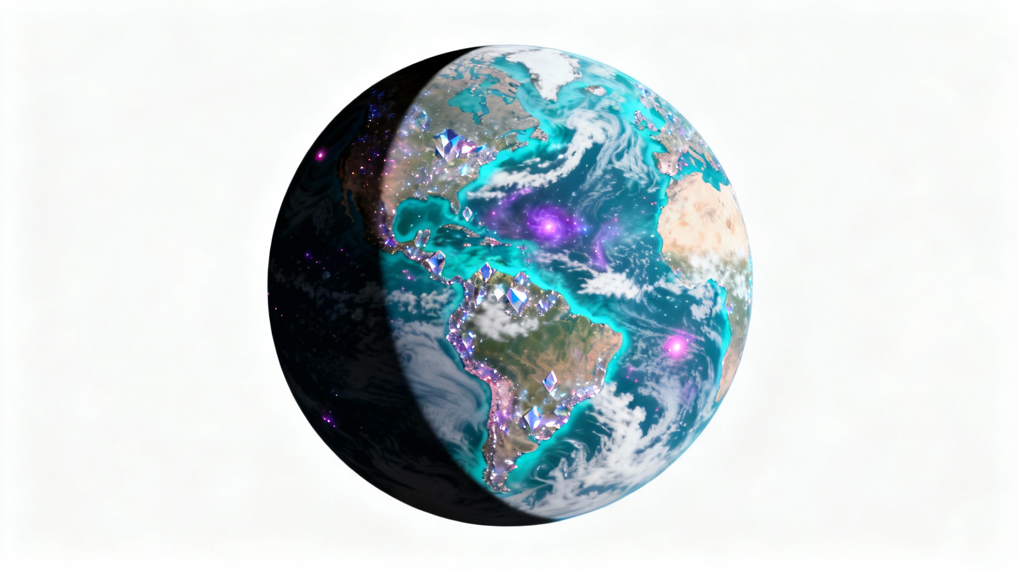 A photorealistic digital illustration of a majestic, fantastical planet with turquoise oceans and glowing purple clouds, presented as a stunning celestial object against a clean white background.