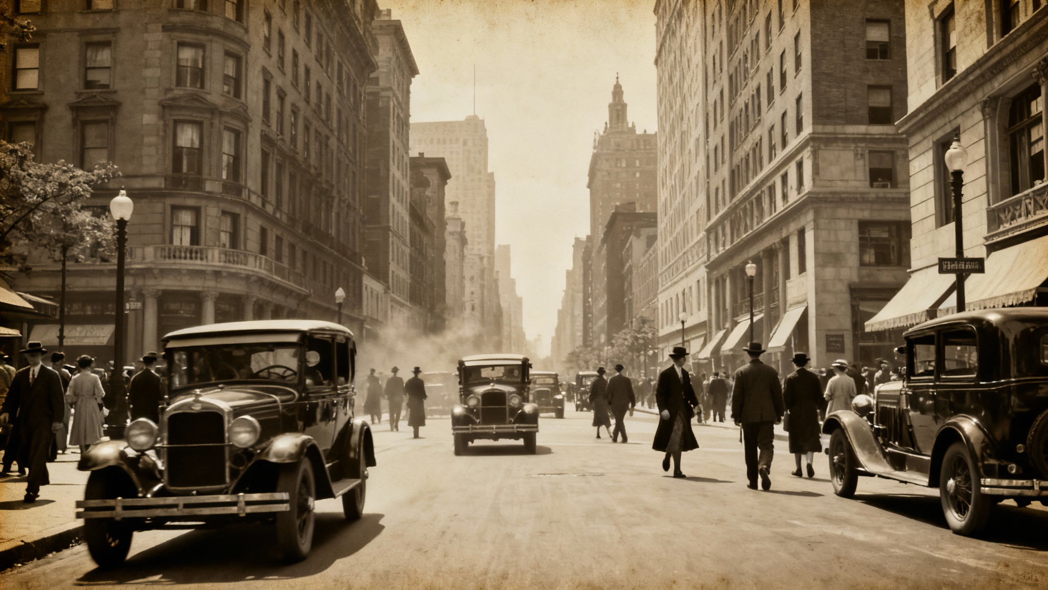 A hero image demonstrating an 'old style image' effect, showing a bustling 1920s city street scene in a sepia-toned, grainy, vintage photograph style.