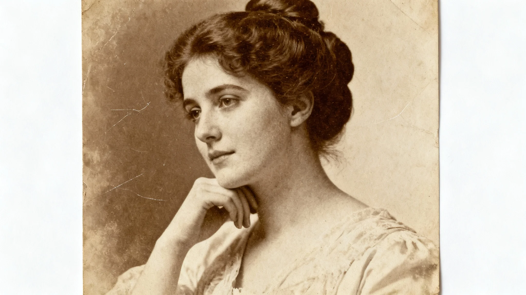 A mockup demonstrating an old-style image effect, showing a vintage sepia-toned portrait of an elegant woman from the 1890s, isolated on a white background.