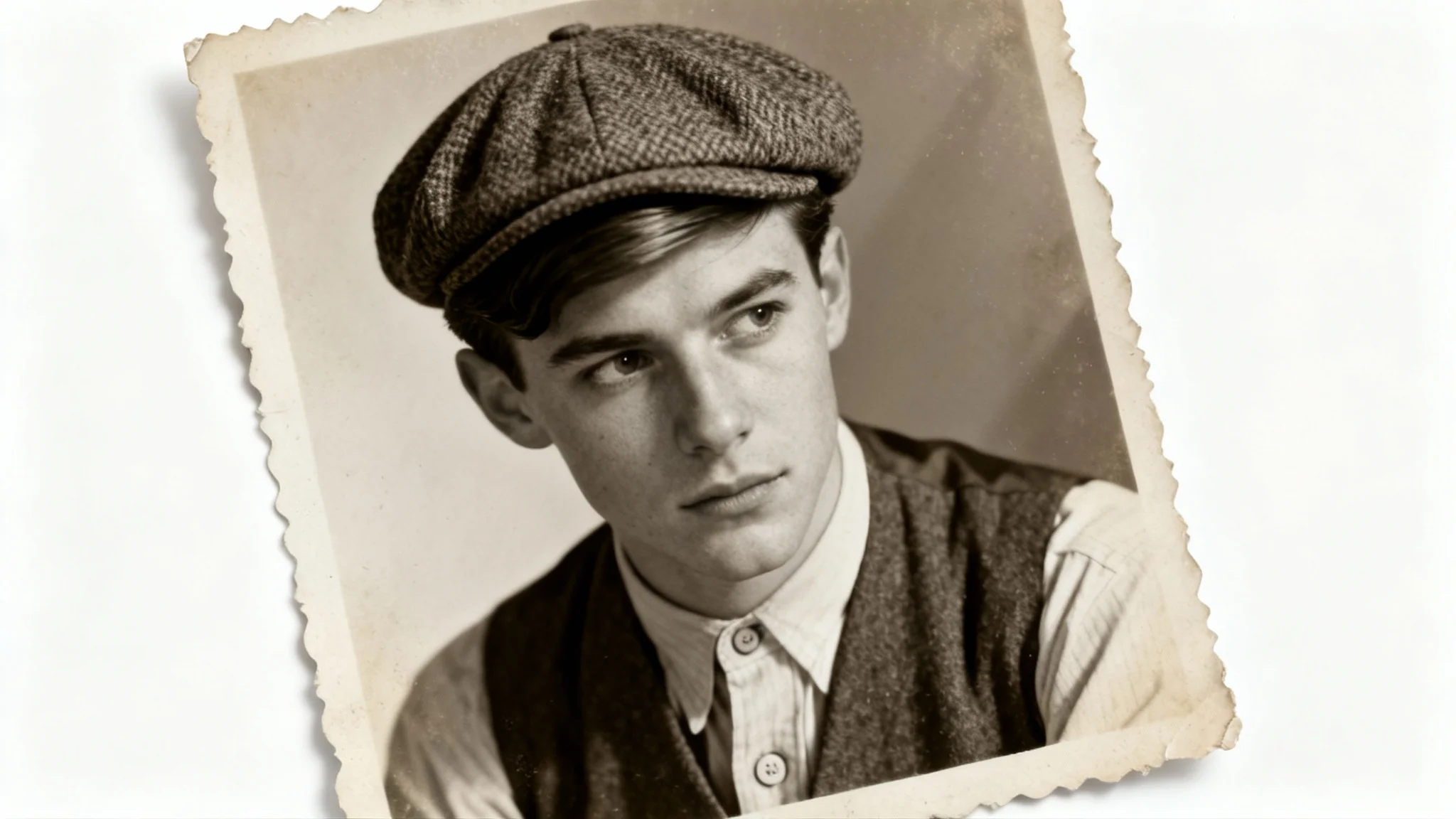 A mockup of a vintage-style sepia photograph of a young man in early 20th-century attire, displayed as a physical print on a white background.