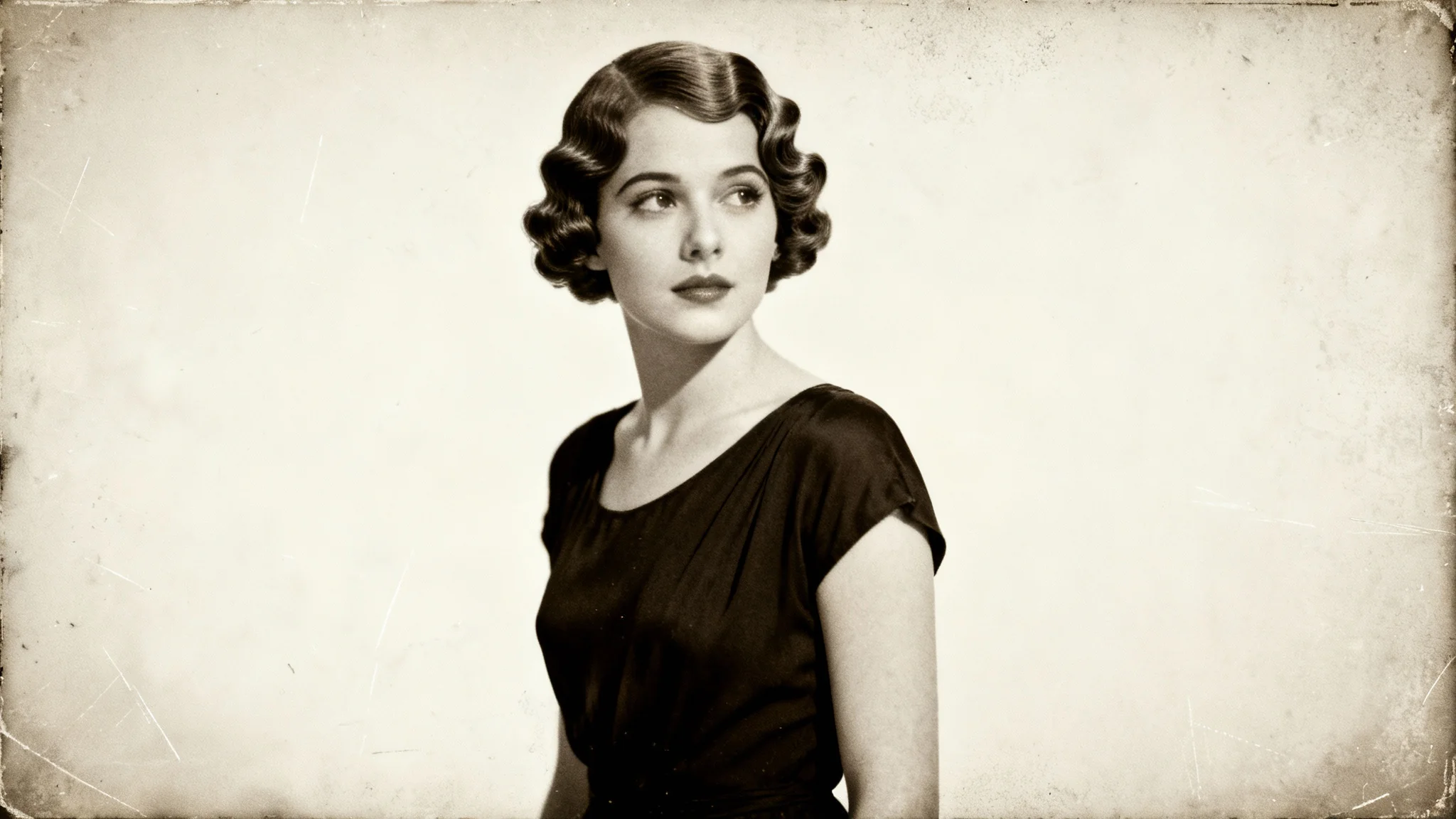A sepia-toned, vintage-style portrait of a woman from the 1920s, featuring visible film grain and scratches to create an old-fashioned look, isolated on a white background.