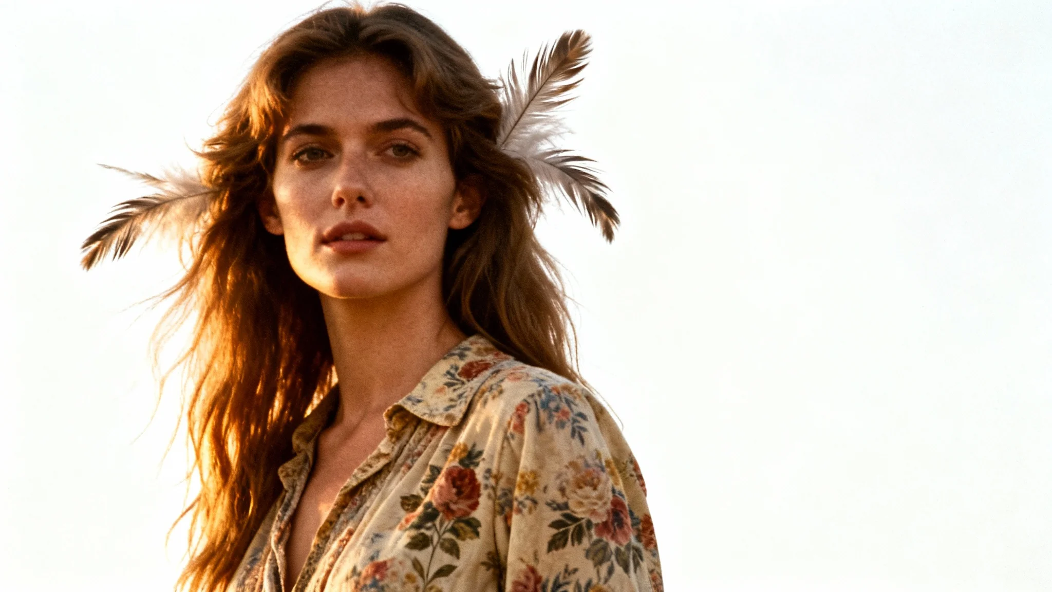 A vintage-style photograph with faded colors and film grain, showing a portrait of a woman in 1970s attire during sunset, presented on a white background.