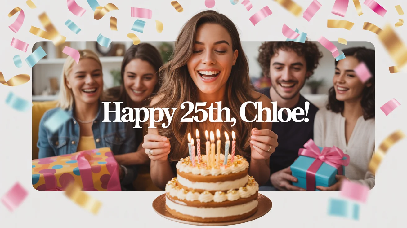 A professionally designed birthday reel template showing a collage of a young woman celebrating her 25th birthday, with text that reads 'Happy 25th, Chloe!' and digital confetti.