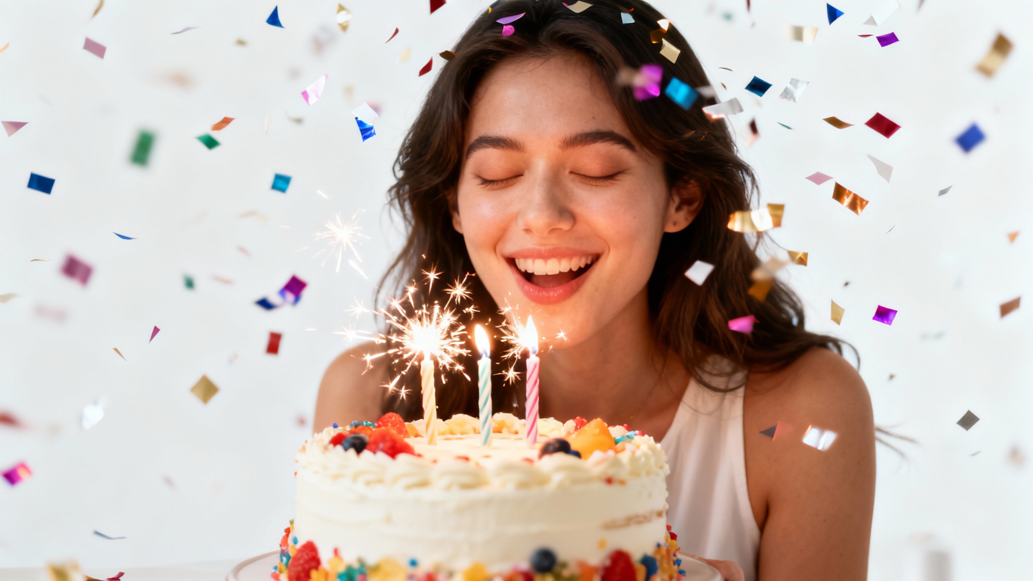 A happy young woman blowing out the candles on her birthday cake in a festive scene, representing a birthday reel.