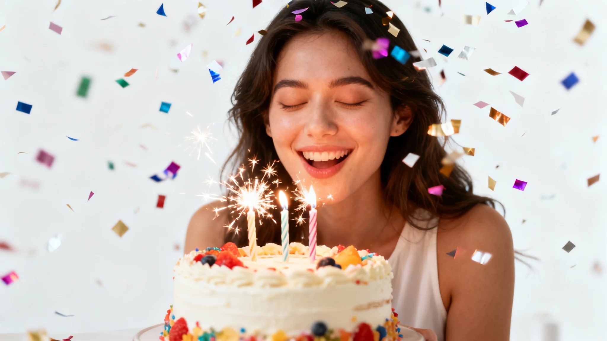 A happy young woman blowing out the candles on her birthday cake in a festive scene, representing a birthday reel.