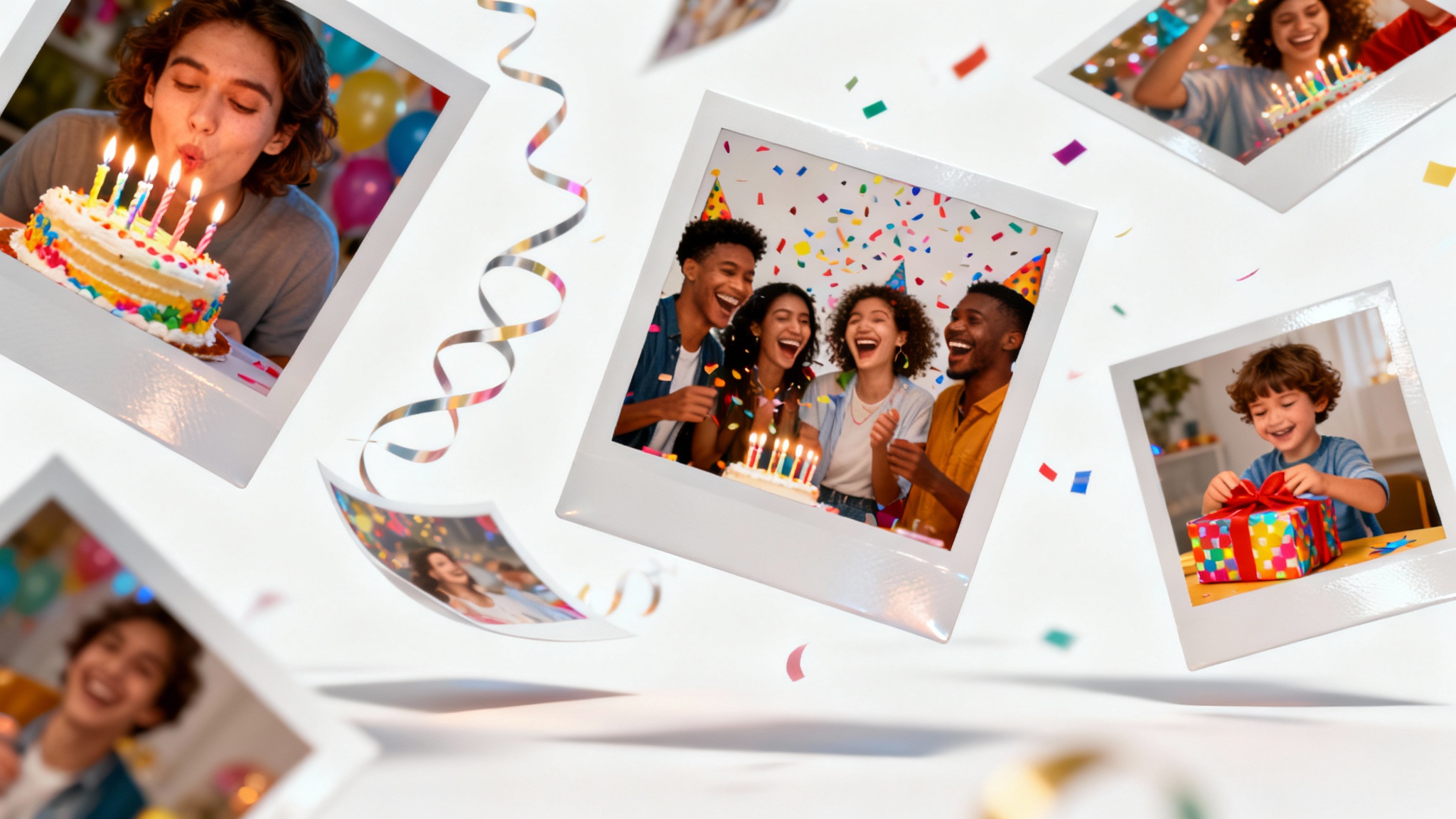 A series of floating Polaroid photos depicting happy birthday scenes, like blowing out candles and opening presents, arranged in a spiral against a white background to represent a birthday reel.