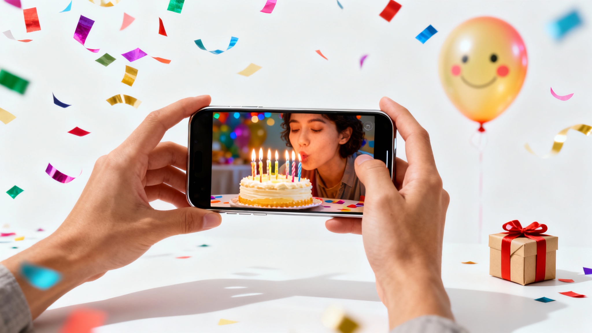 A mockup for a birthday reel, showing hands holding a smartphone with a birthday celebration on screen, surrounded by confetti and a gift on a white background.