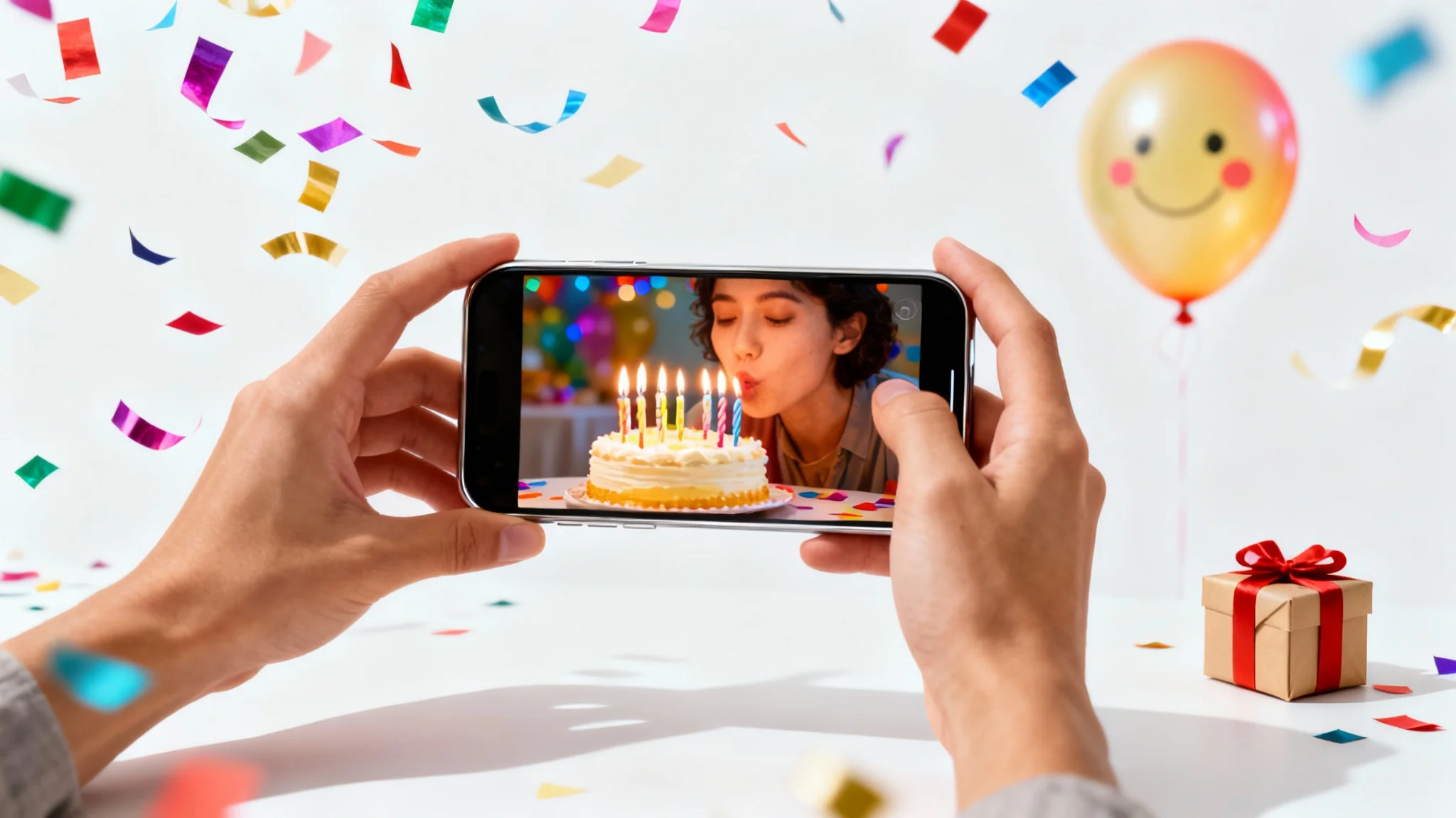 A mockup for a birthday reel, showing hands holding a smartphone with a birthday celebration on screen, surrounded by confetti and a gift on a white background.