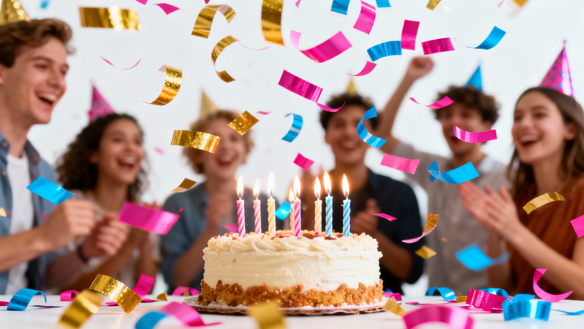 A festive, photorealistic image of a birthday celebration, showing a cake with lit candles and colorful confetti frozen mid-air against a clean white background, representing a birthday reel.