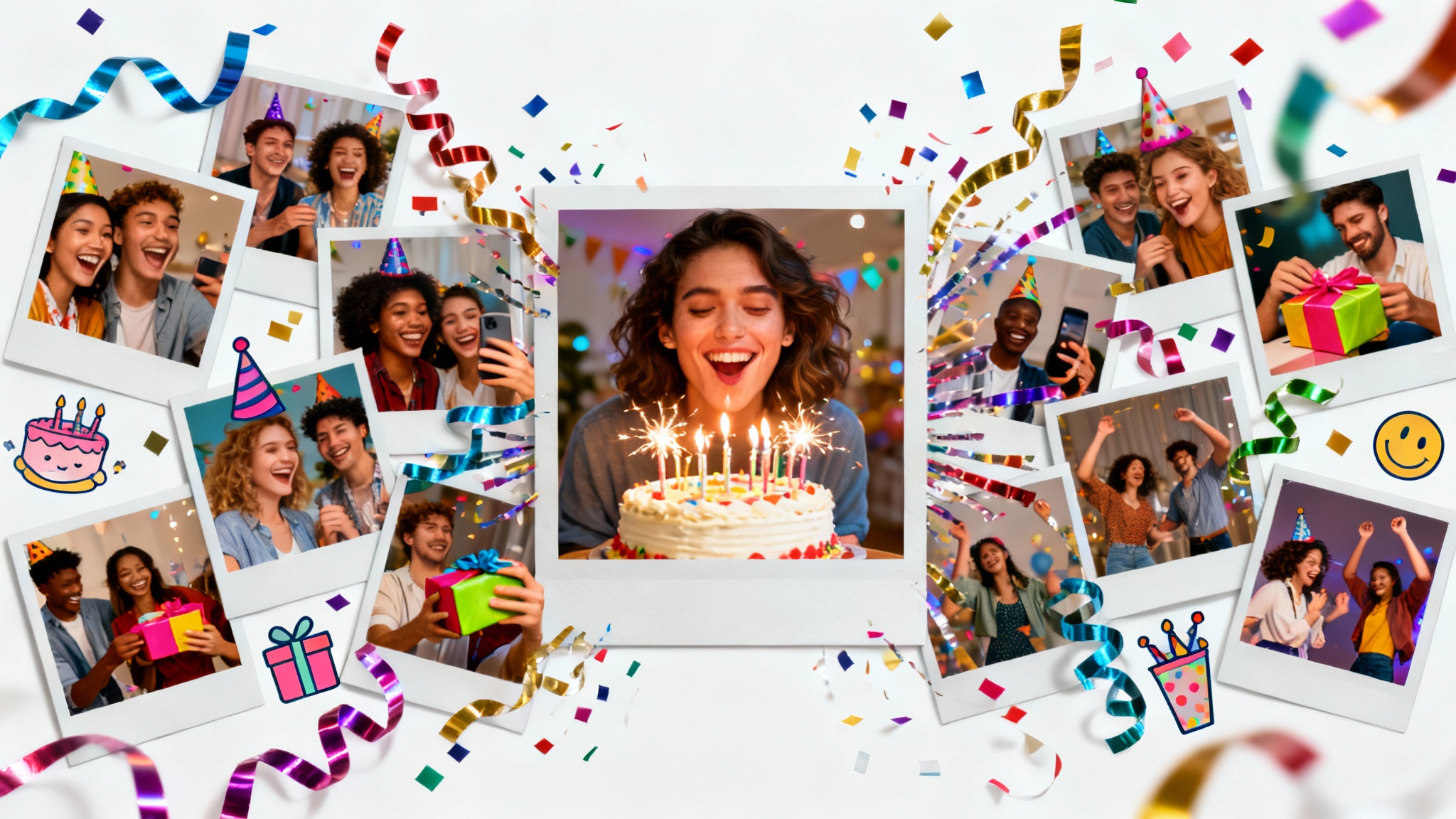 A vibrant collage of birthday photos, with a central image of a person blowing out cake candles, surrounded by smaller snapshots of friends and gifts on a white background.