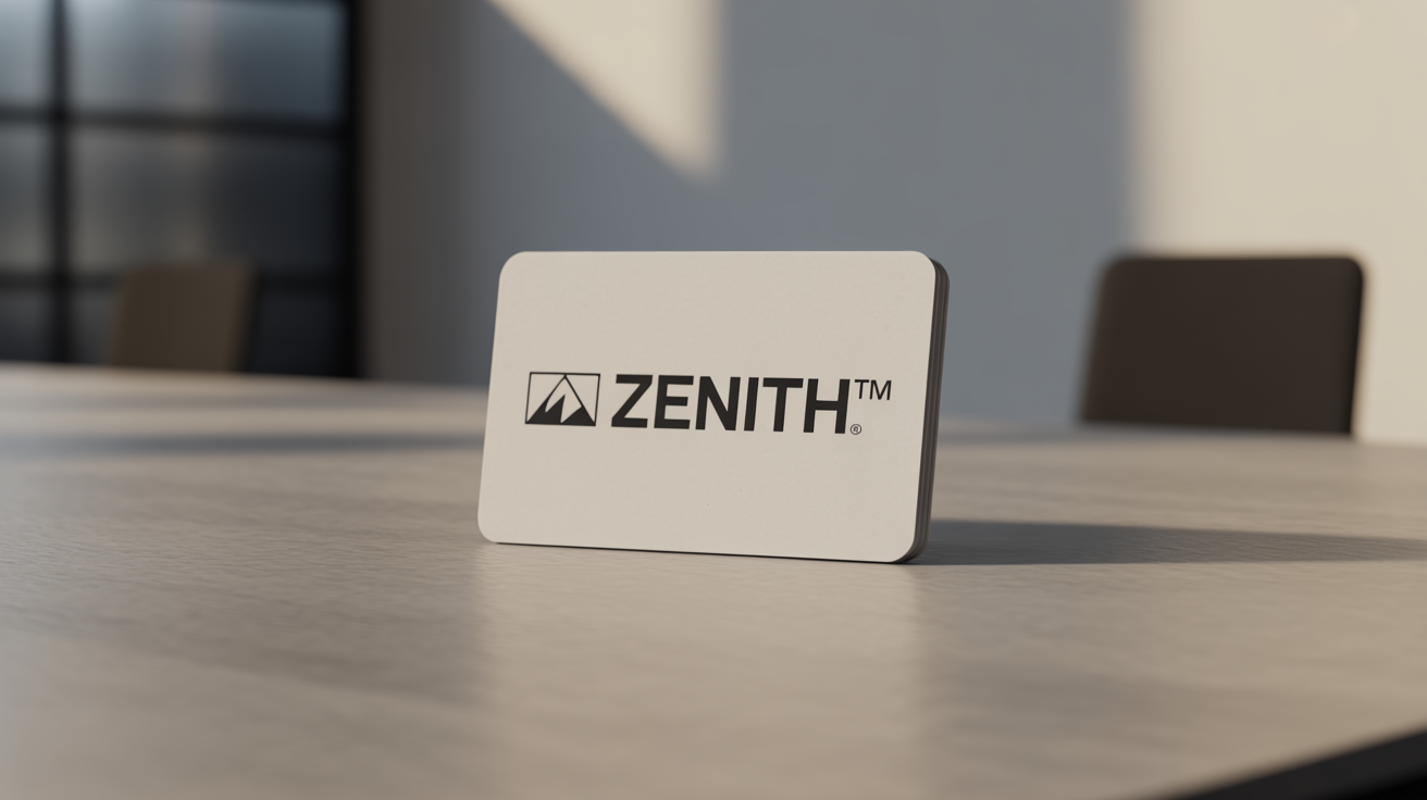 A professionally designed logo for the brand 'Zenith™' displayed on a business card, set against a clean, minimalist background.