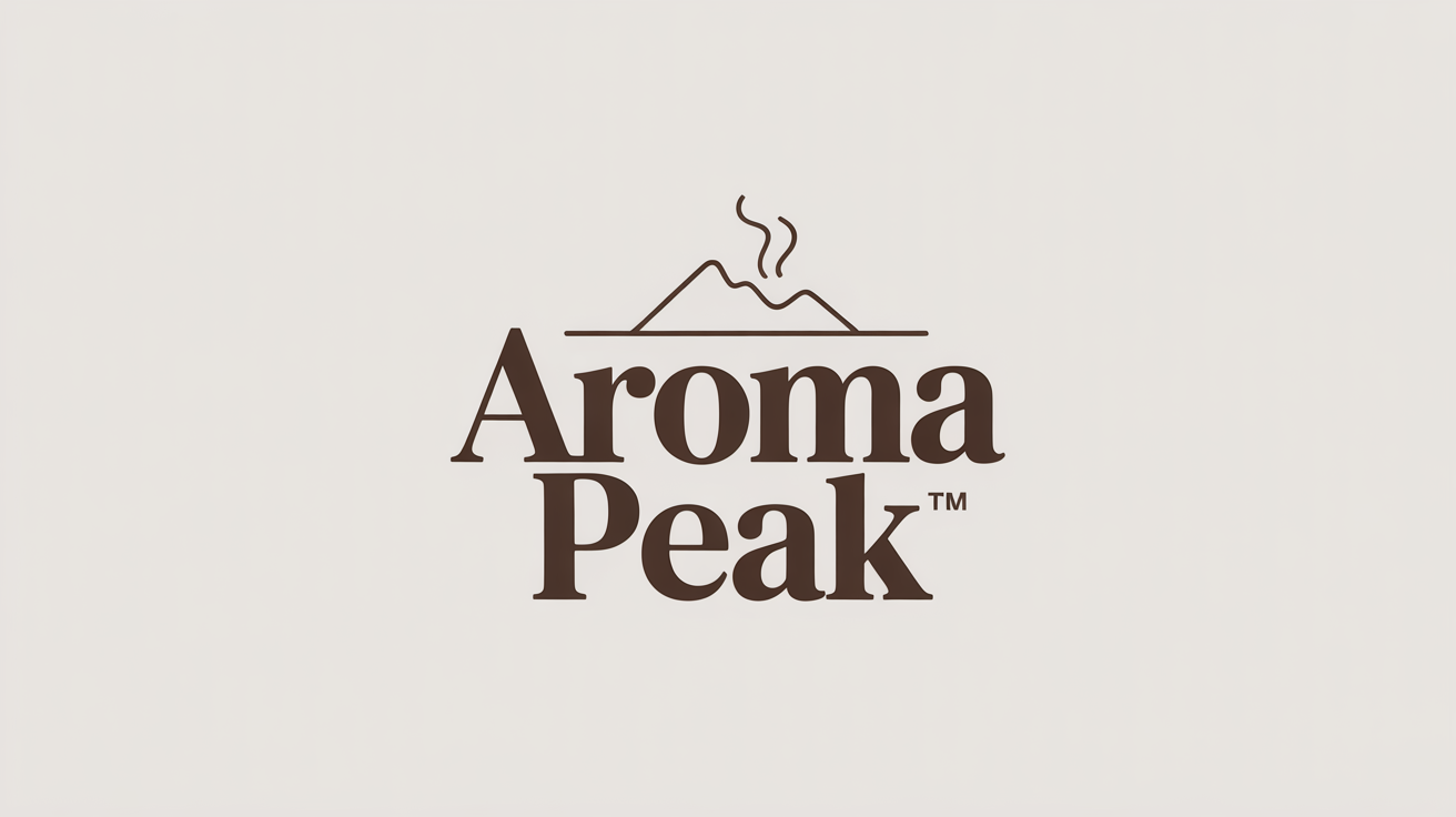 A minimalist logo for a fictional coffee brand, 'Aroma Peak', featuring a line art mountain icon and the brand name followed by a TM trademark symbol, all in dark brown on a white background.