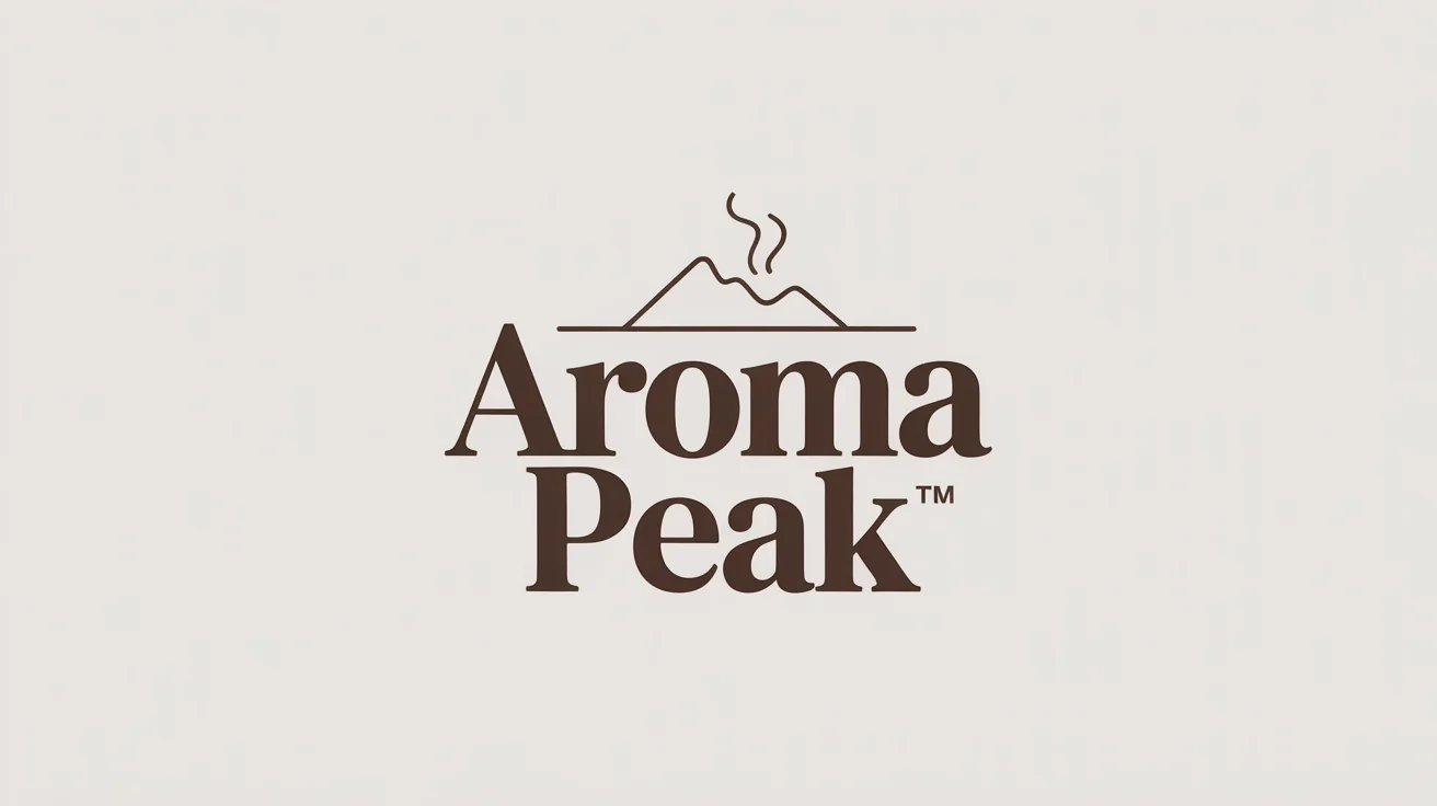 A minimalist logo for a fictional coffee brand, 'Aroma Peak', featuring a line art mountain icon and the brand name followed by a TM trademark symbol, all in dark brown on a white background.