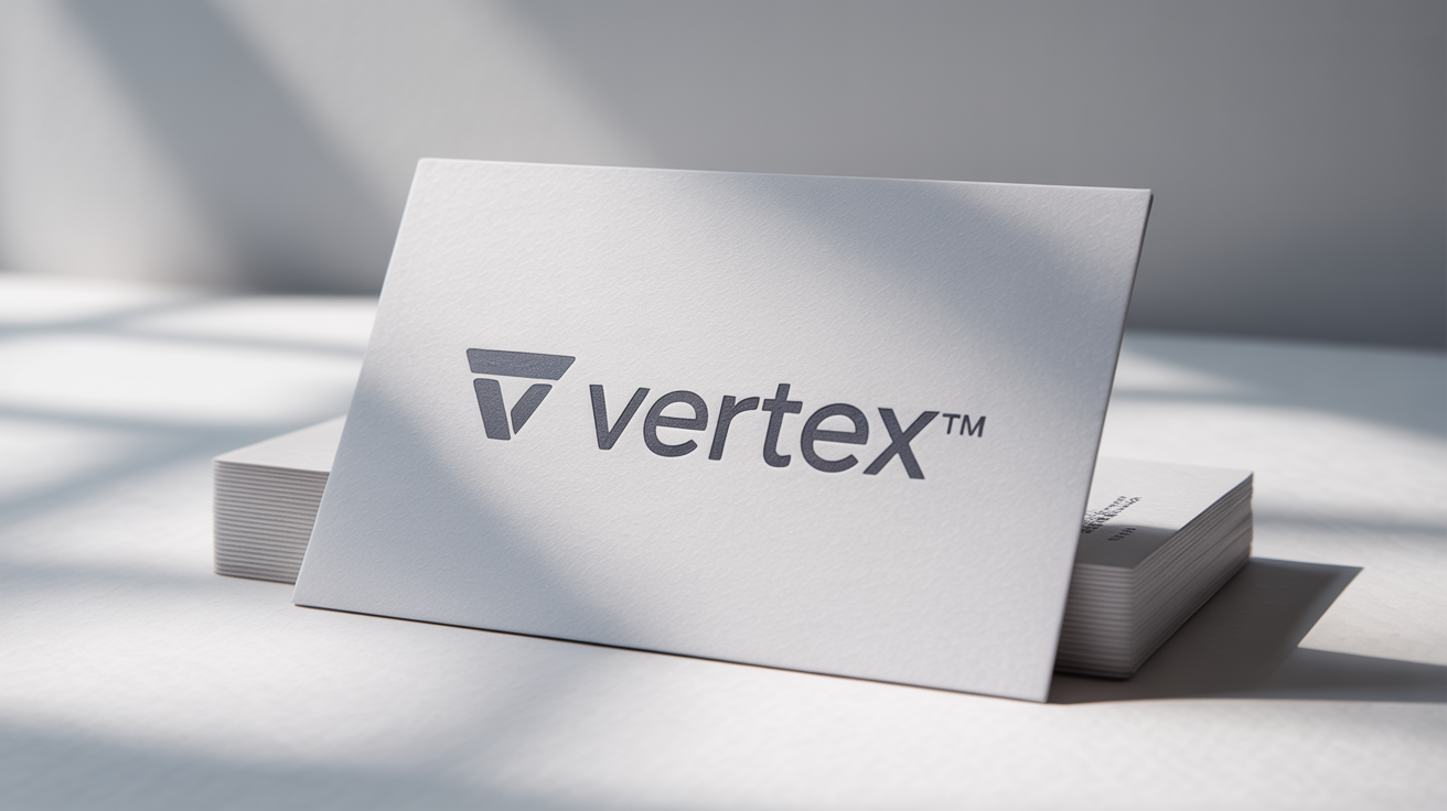 A professional mockup of the 'Vertex™' company logo, featuring a slate gray abstract icon on a premium business card against a clean white background, signifying brand protection.