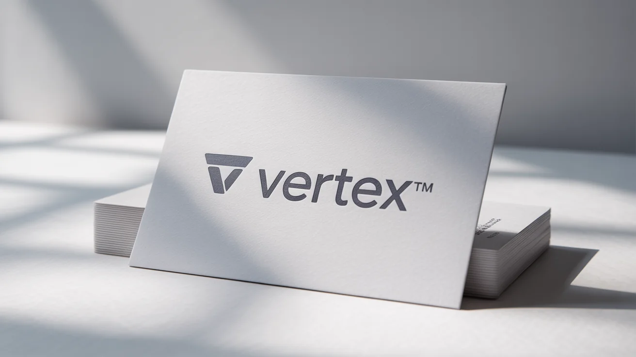 A professional mockup of the 'Vertex™' company logo, featuring a slate gray abstract icon on a premium business card against a clean white background, signifying brand protection.