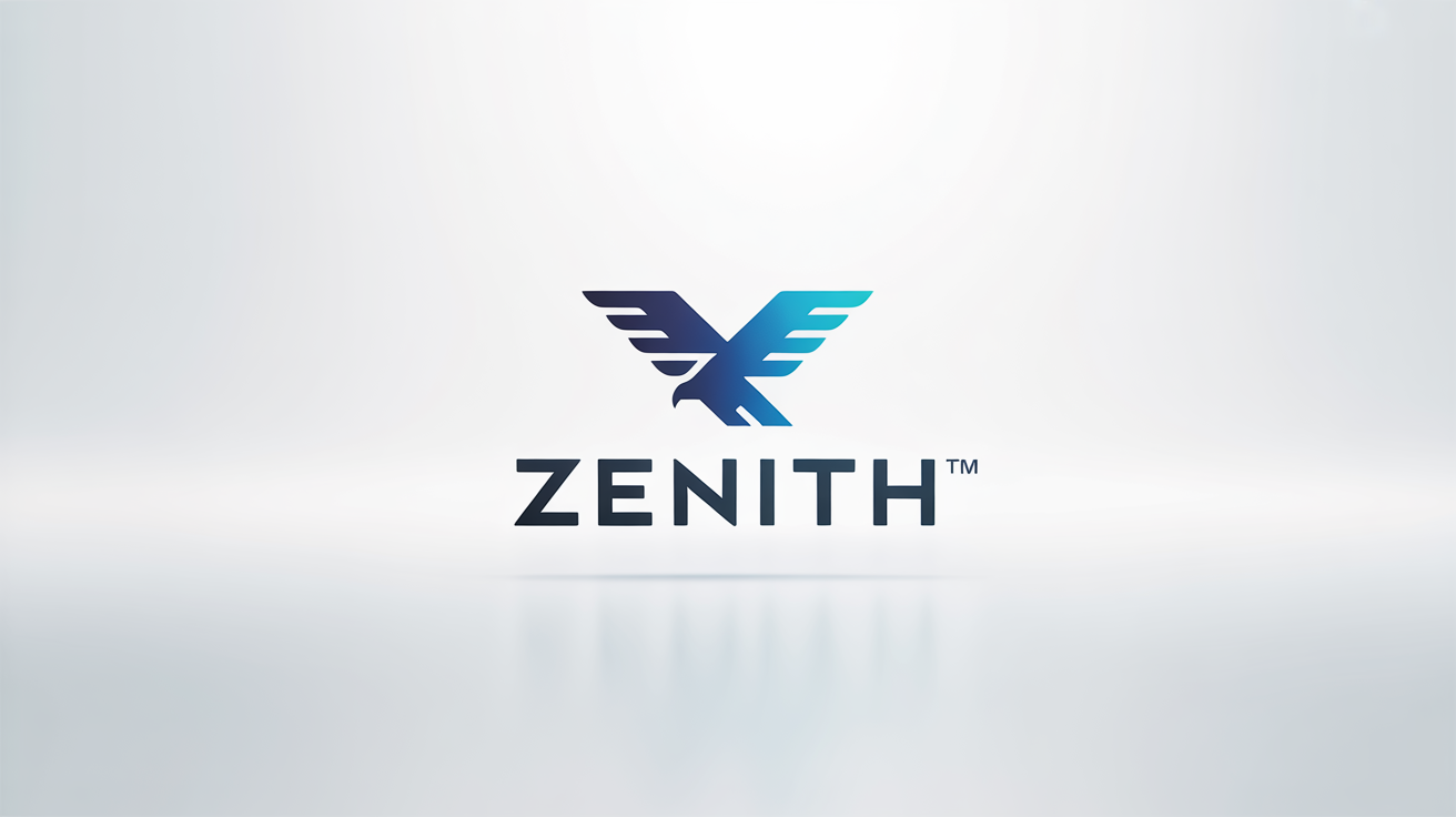 A modern trademark logo for the fictional brand 'ZENITH', featuring a geometric soaring eagle icon and the TM symbol, presented on a clean white background.