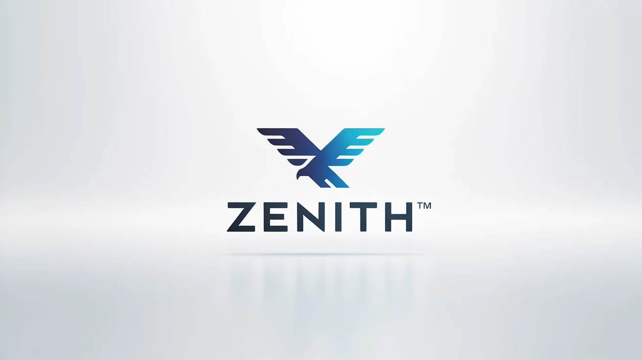 A modern trademark logo for the fictional brand 'ZENITH', featuring a geometric soaring eagle icon and the TM symbol, presented on a clean white background.