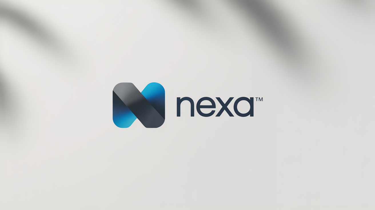 A modern logo mockup for a fictional brand called 'NEXA' with the TM symbol, featuring a blue and gray geometric icon on a white background.